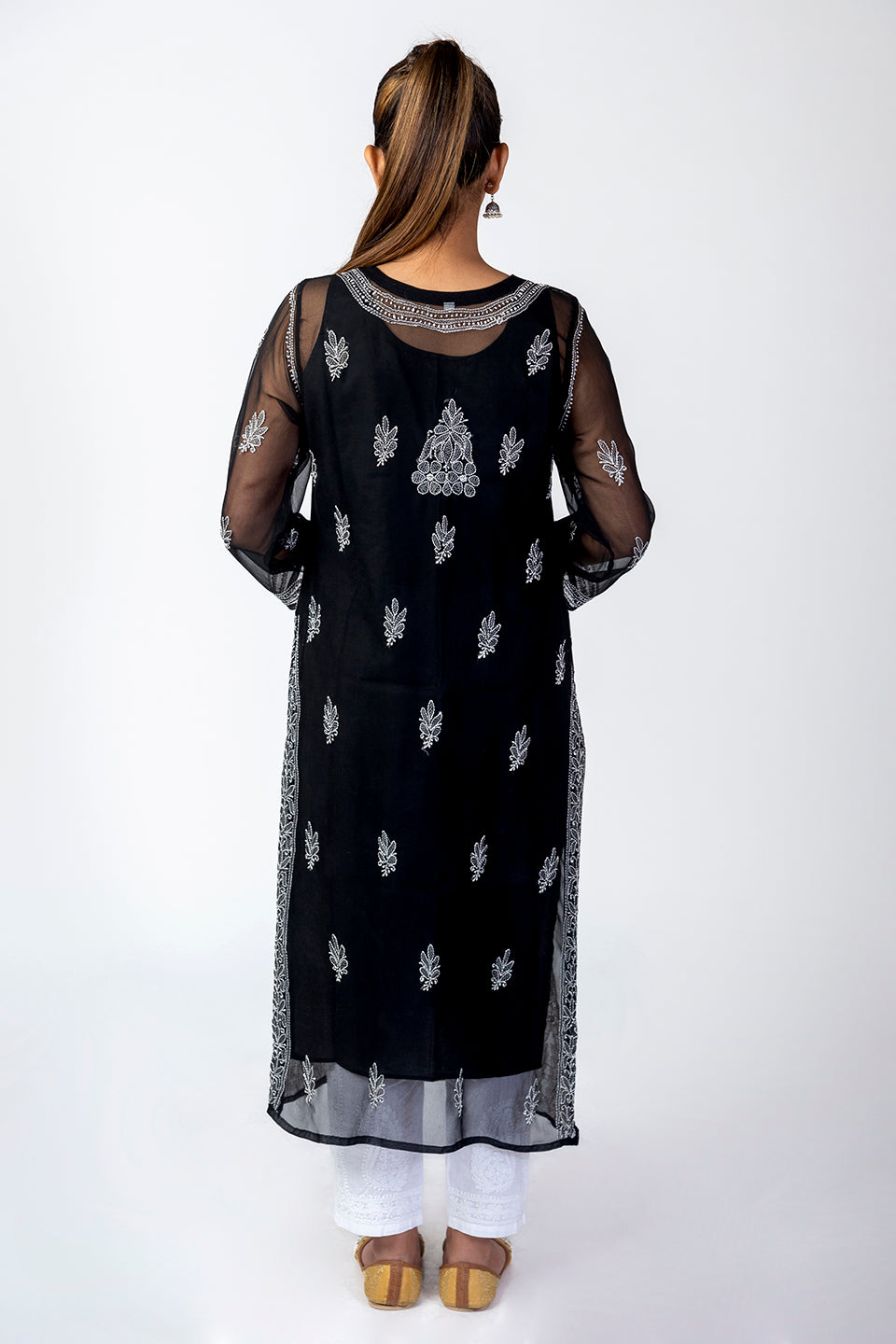 Black Semi Georgette Skin Friendly Hand Chikankari Kurti Lucknow Chikan Emporium.