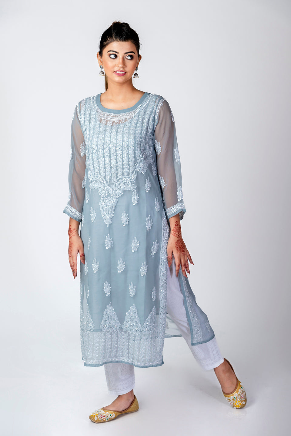 Grey Semi Georgette Skin Friendly Hand Chikankari Kurti Lucknow Chikan Emporium.
