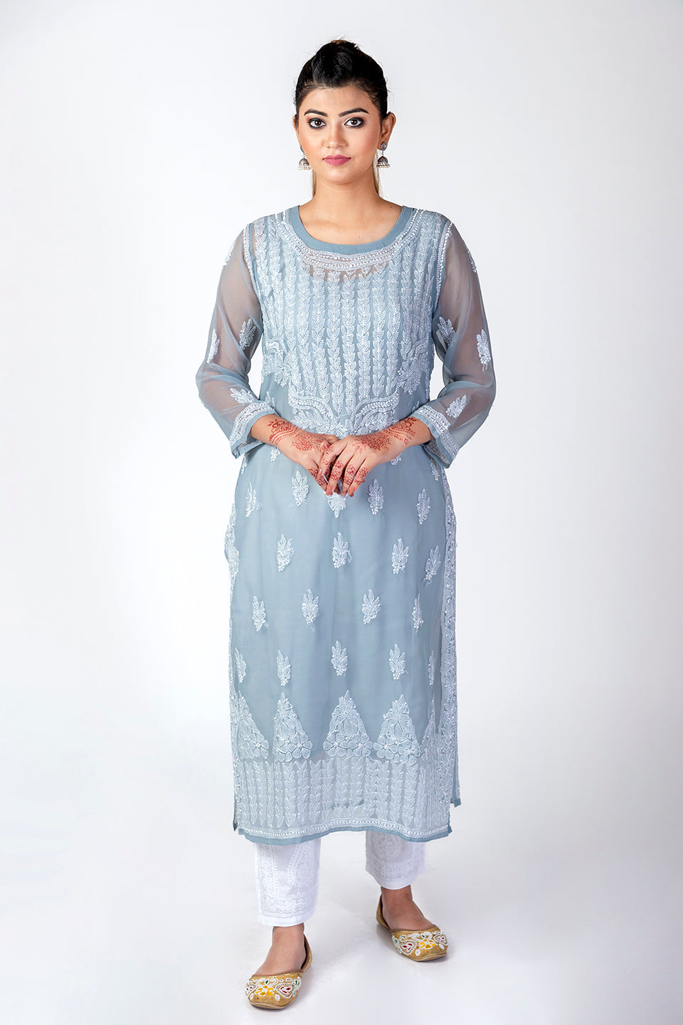 Grey Semi Georgette Skin Friendly Hand Chikankari Kurti Lucknow Chikan Emporium.