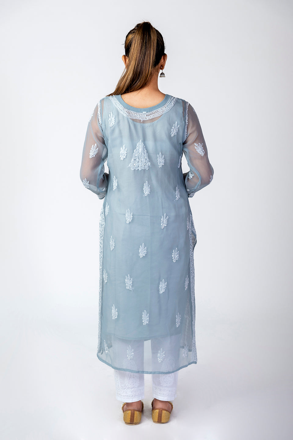 Grey Semi Georgette Skin Friendly Hand Chikankari Kurti Lucknow Chikan Emporium.