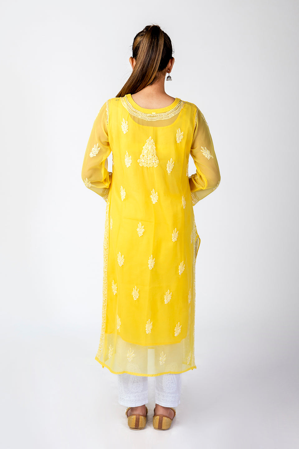 Yellow Semi Georgette Skin Friendly Hand Chikankari Kurti Lucknow Chikan Emporium.