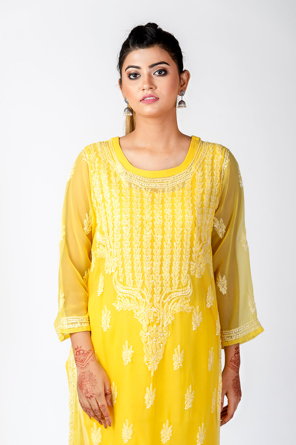 Yellow Semi Georgette Skin Friendly Hand Chikankari Kurti Lucknow Chikan Emporium.