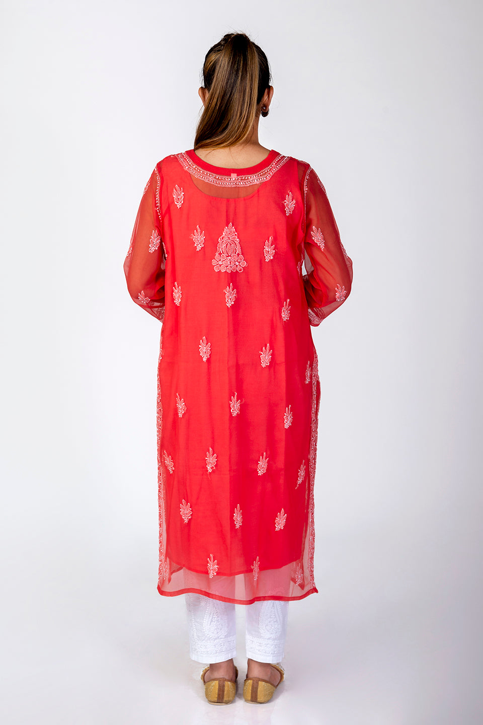 Carrot Pink Semi Georgette Skin Friendly Hand Chikankari Kurti Lucknow Chikan Emporium.