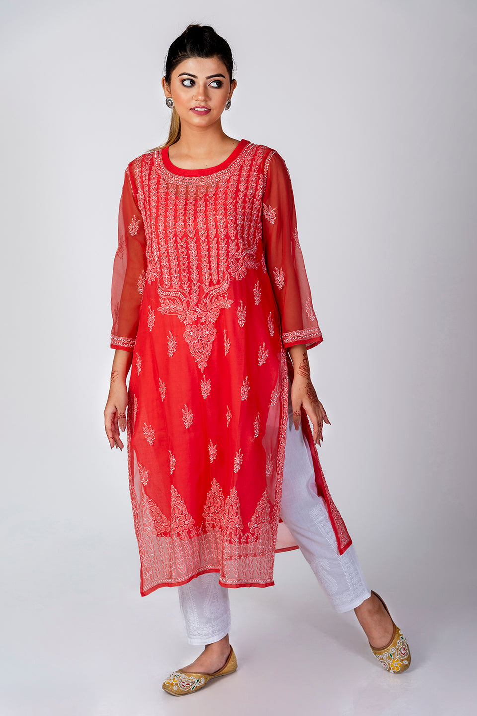Carrot Pink Semi Georgette Skin Friendly Hand Chikankari Kurti Lucknow Chikan Emporium.