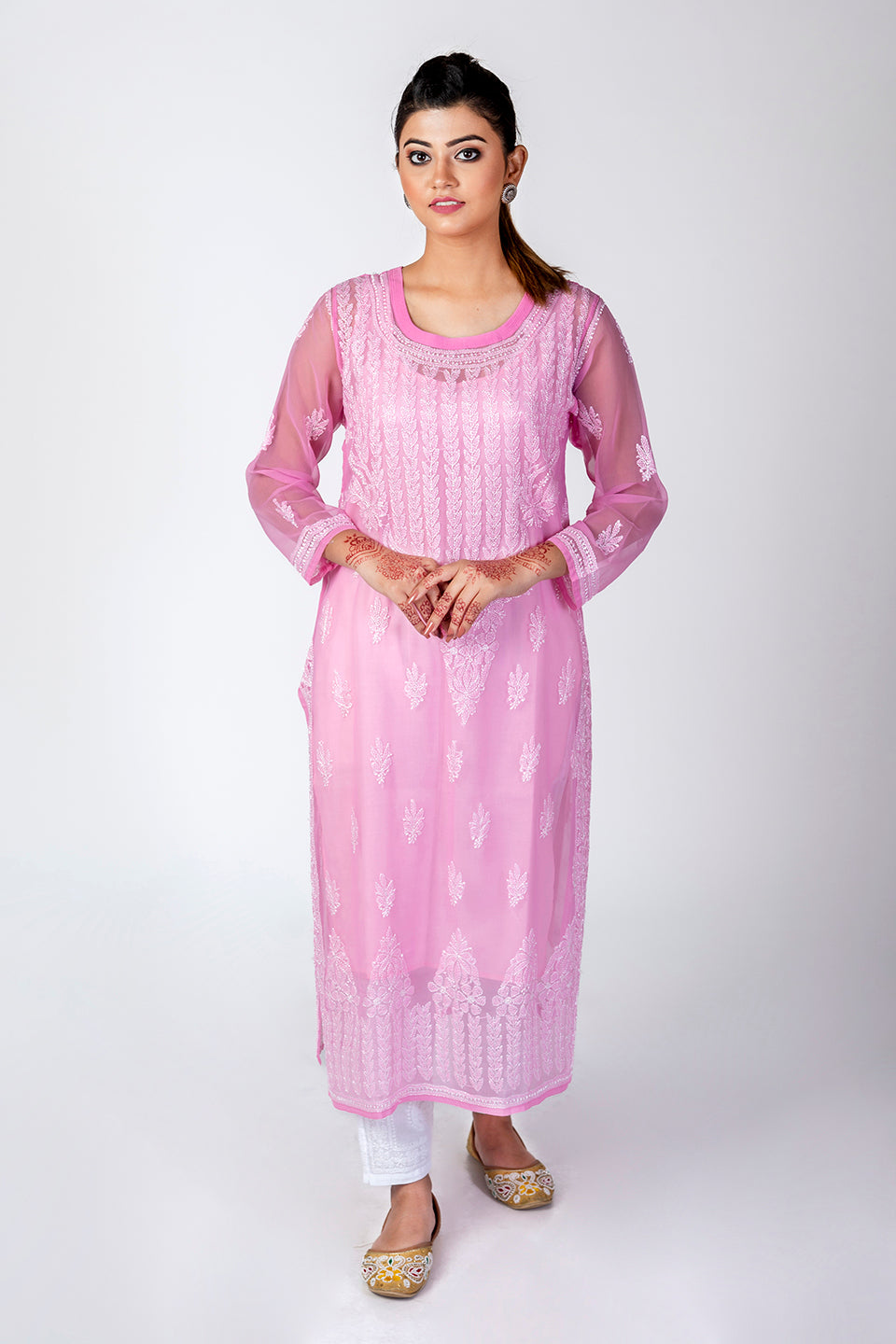 Pink Semi Georgette Skin Friendly Hand Chikankari Kurti Lucknow Chikan Emporium.