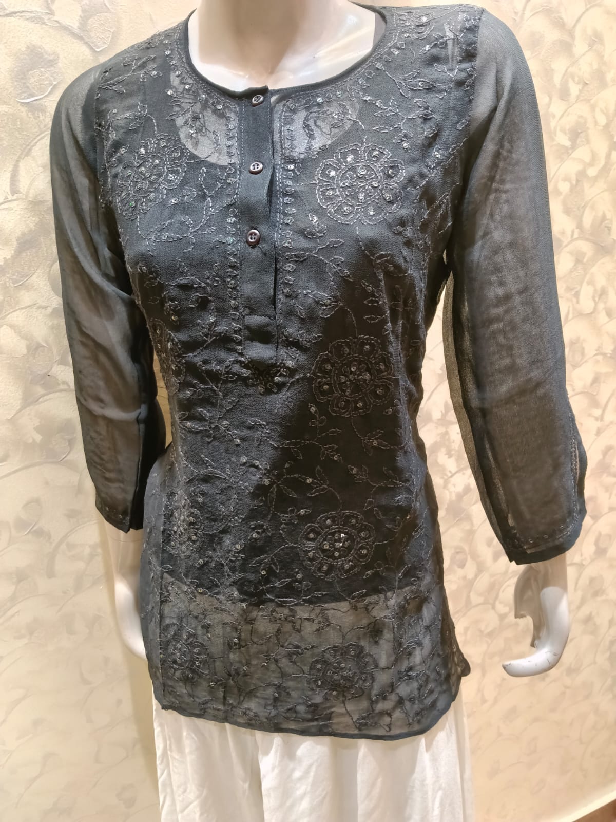 Skin Friendly Georgette Chikankari Short Kurti Black Colour Lucknow Chikan Emporium.
