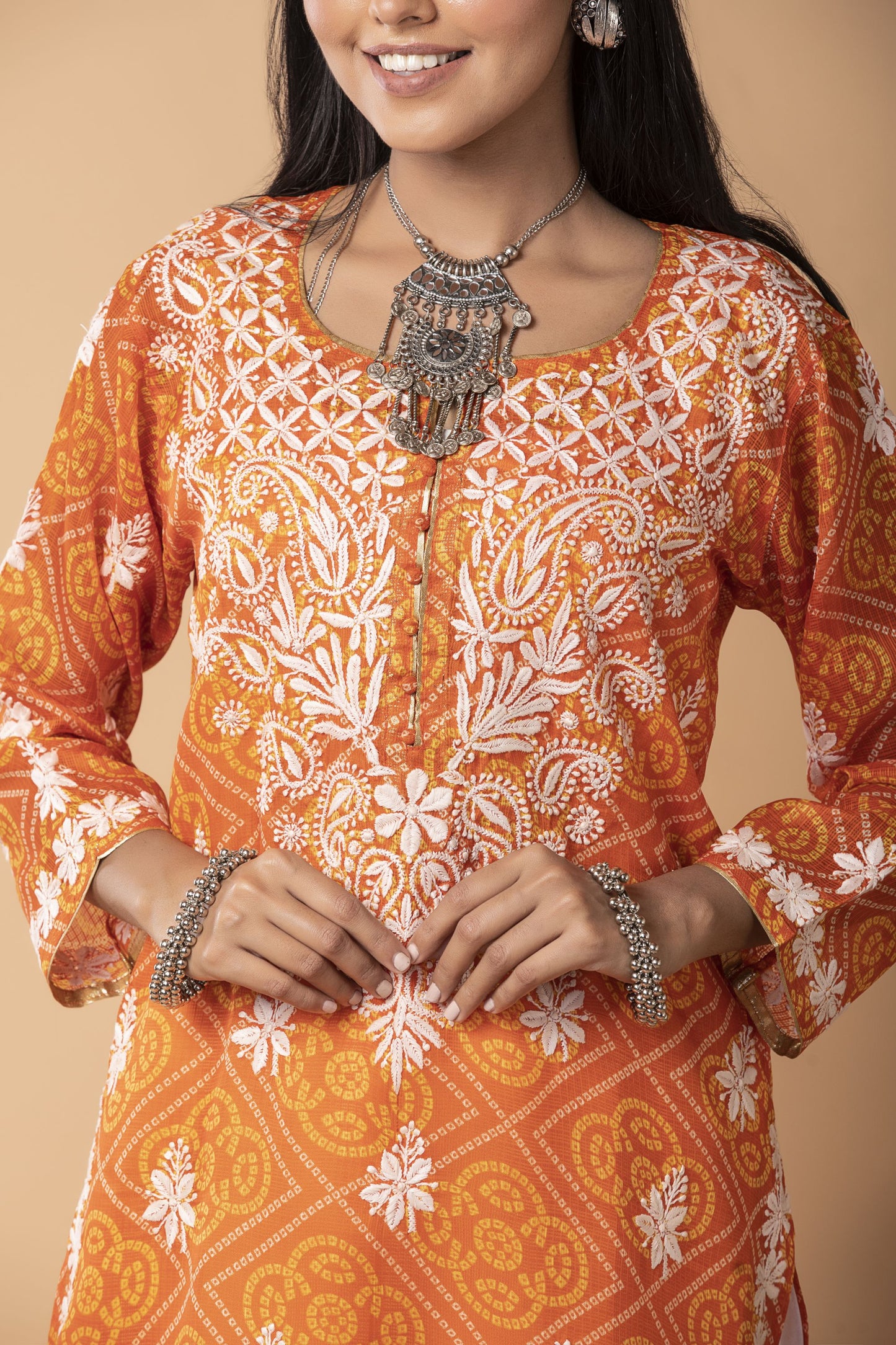 bandhani print cotton Long kurti Nice Orange Colour Hand Chikankari Lucknow Chikan Emporium.