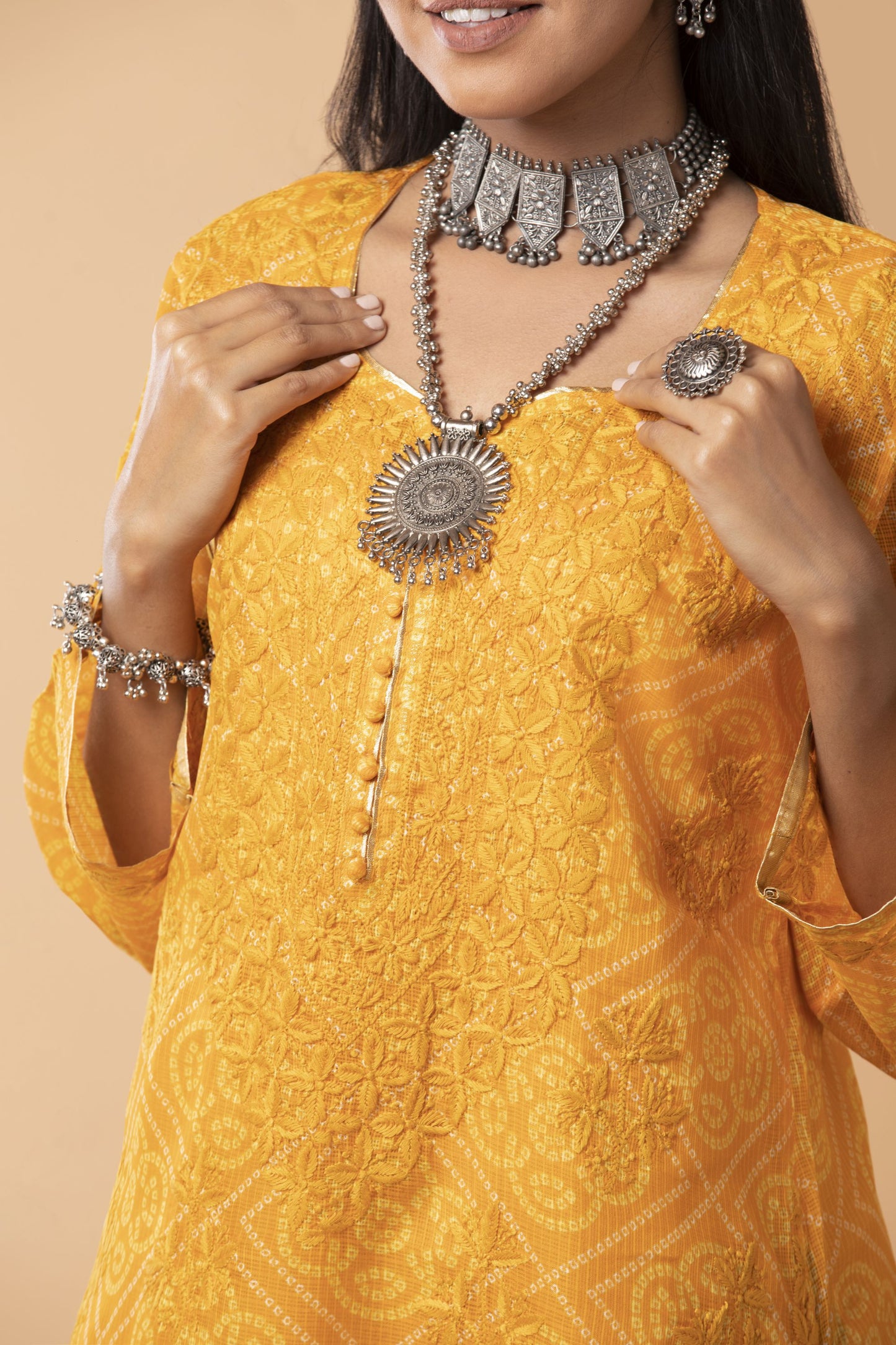 Nice chunri print Yellow Colour Hand Chikankari Cotton Long Top Lucknow Chikan Emporium.