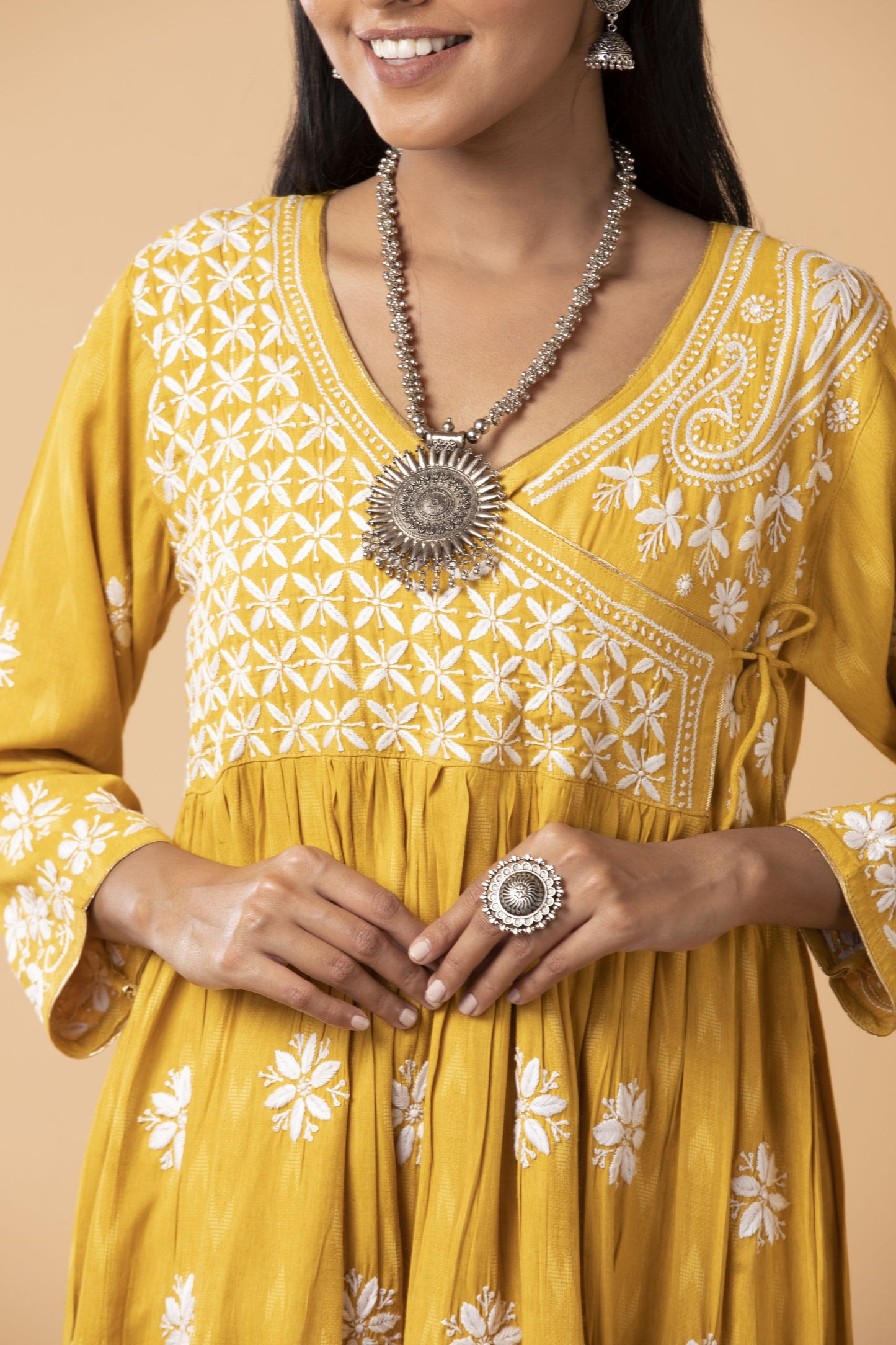 Lucknow Chikan Emporium Hand embroided Skin Freindly cotton fine rayon Chikankari Mustard Angarkha.