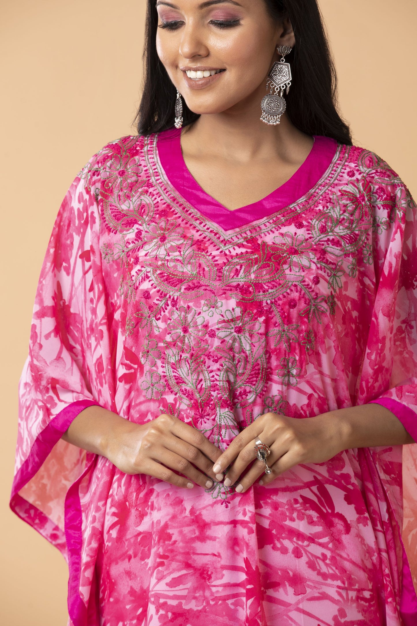 Nice Pink colour Kaftan / Gown Hand embroided skin freindly printed semi georgette Long Kurti Lucknow Chikan Emporium.