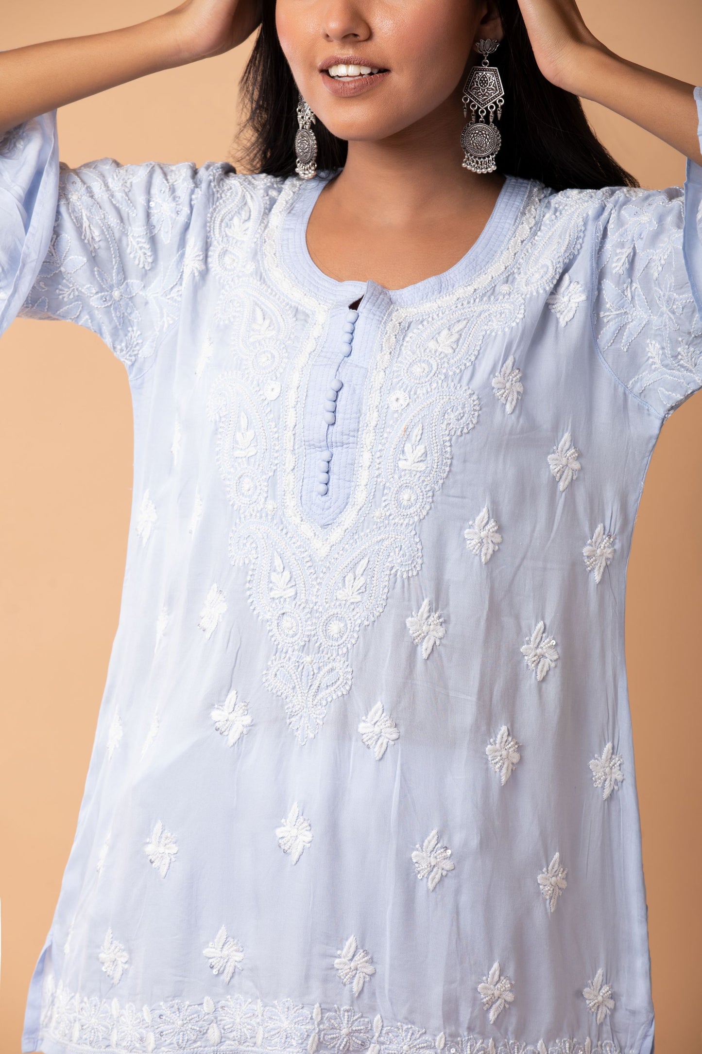 Lucknow Chikan Emporium Hand Chikankari Skin freindly soft cotton short kurti Nice very light blue Colour.