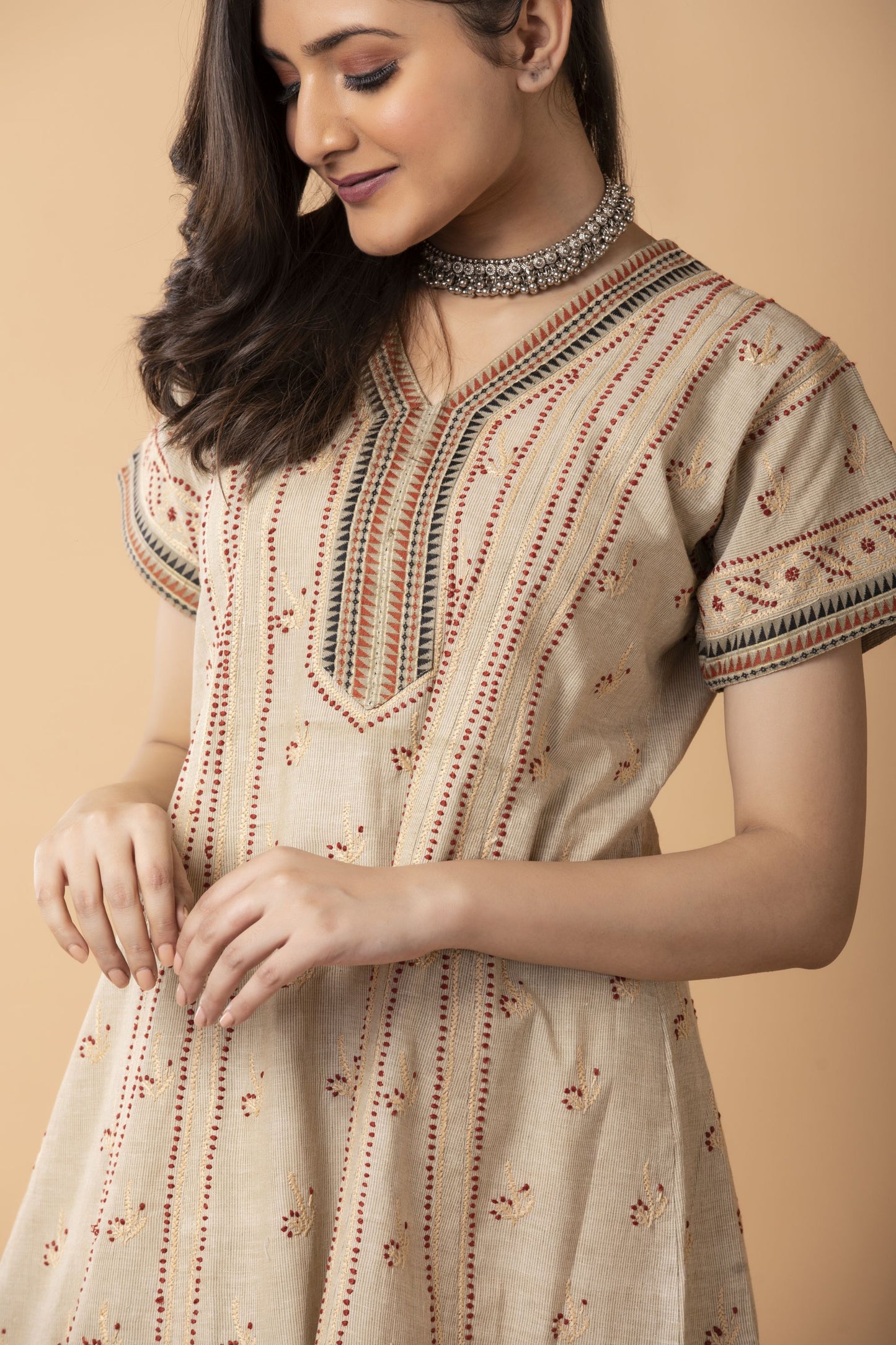 Lucknow Chikan Emporium Hand Chikankari south Cotton Long kurti Nice Fawn Colour.