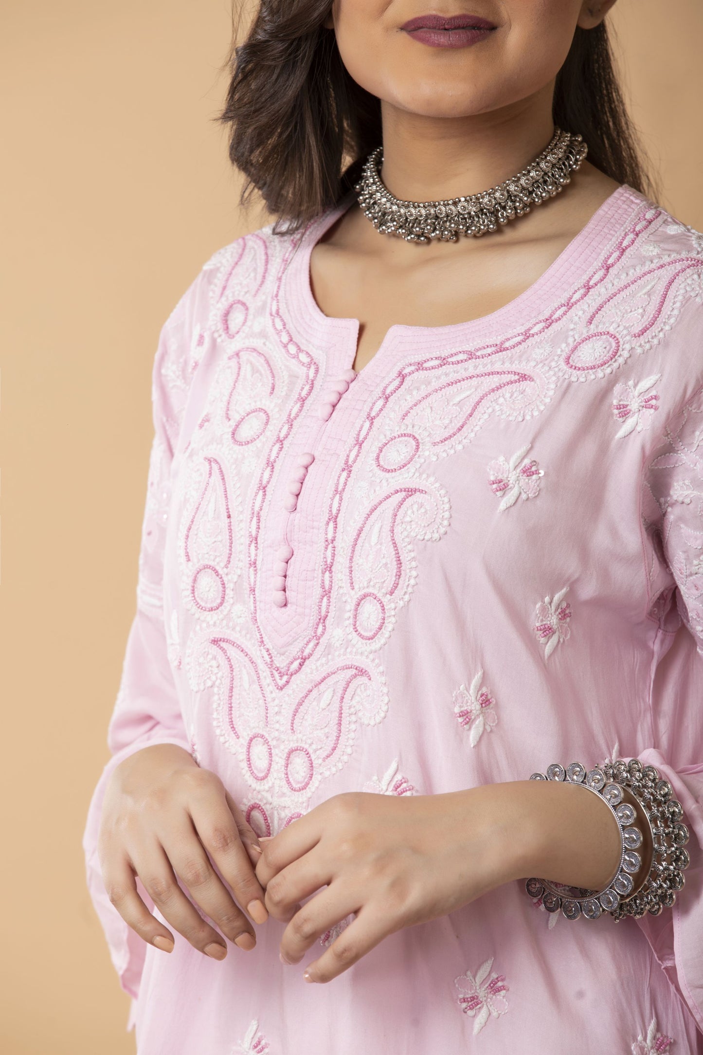 Lucknow Chikan Emporium Hand Chikankari Skin freindly soft cotton short kurti Nice Pink Colour.