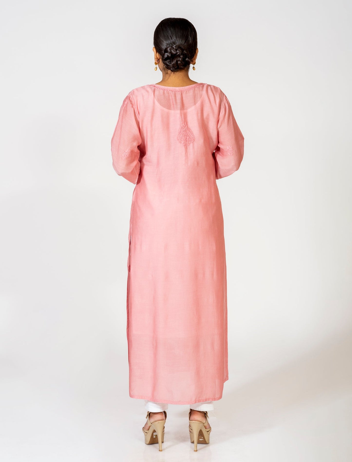 Lucknow Chikan Emporium Hand Embroided Skin Friendly Keel/Kangan Masleen Shado Chikankari Kurti Brown.