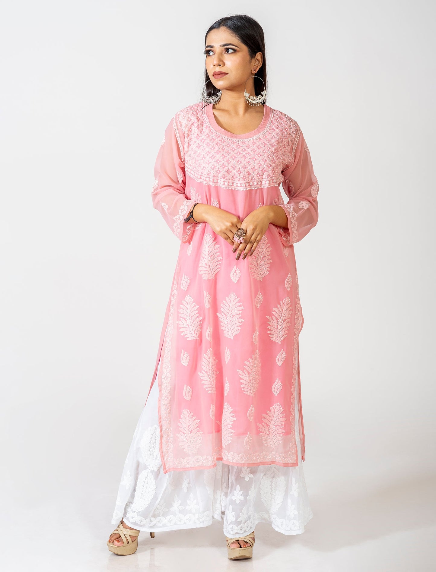 Lucknow Chikan Emporium Hand Embroided Skin Friendly Semi Georgette Chikankari Kurti Rusty Brown.