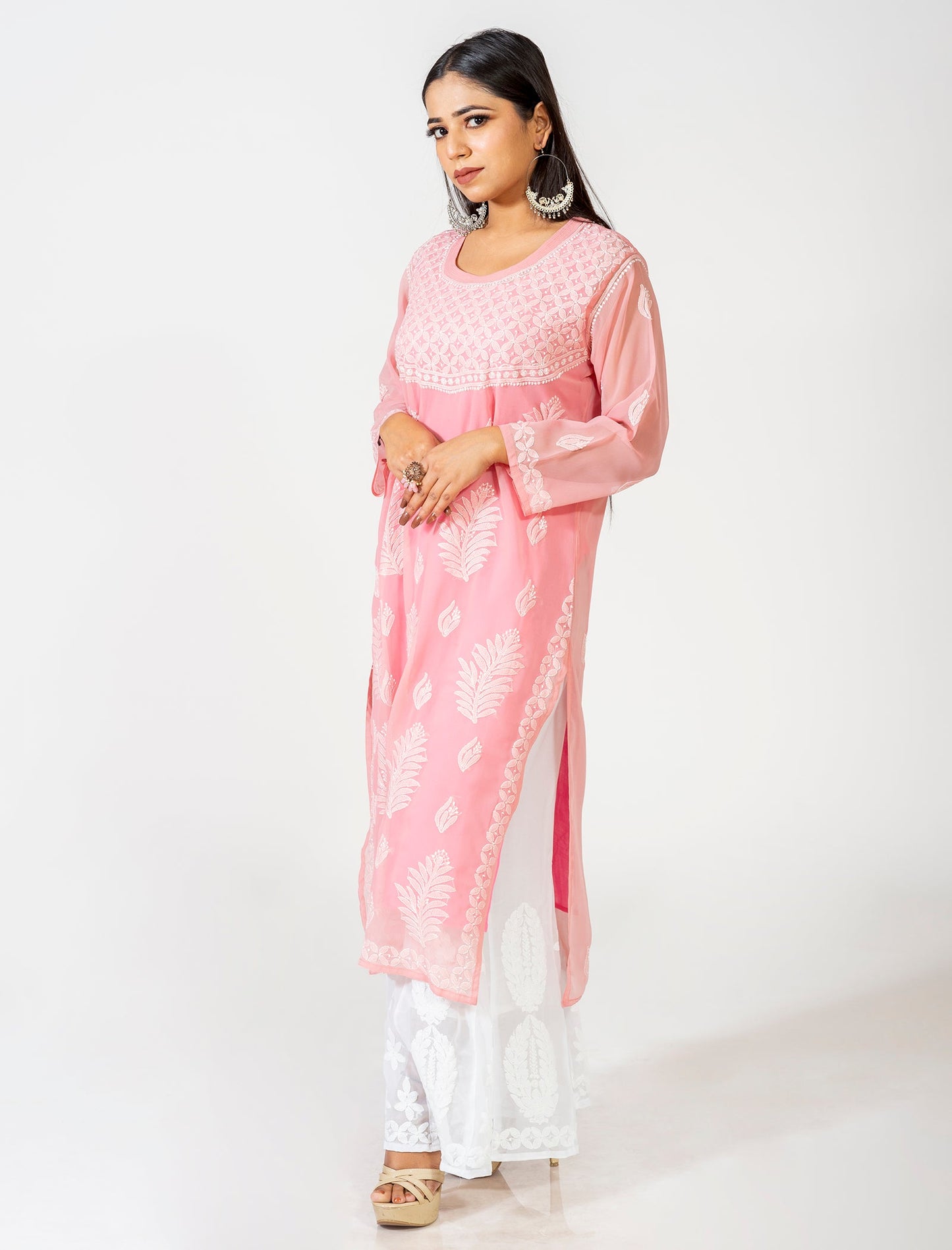 Lucknow Chikan Emporium Hand Embroided Skin Friendly Semi Georgette Chikankari Kurti Rusty Brown.