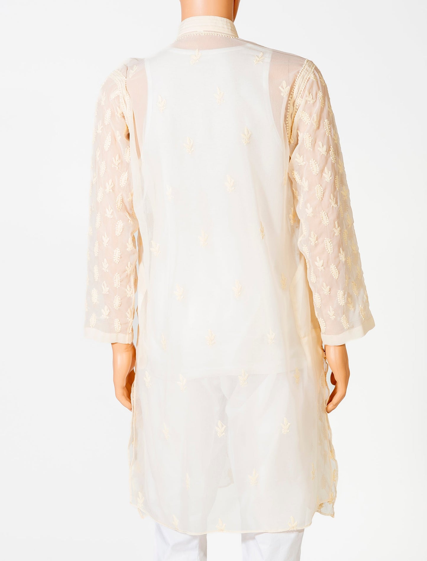 Lucknow Chikan Emporium Georgette Cream Colour Gents Kurta With Self Stripes And Fancy Hand Chikankari On Neck.