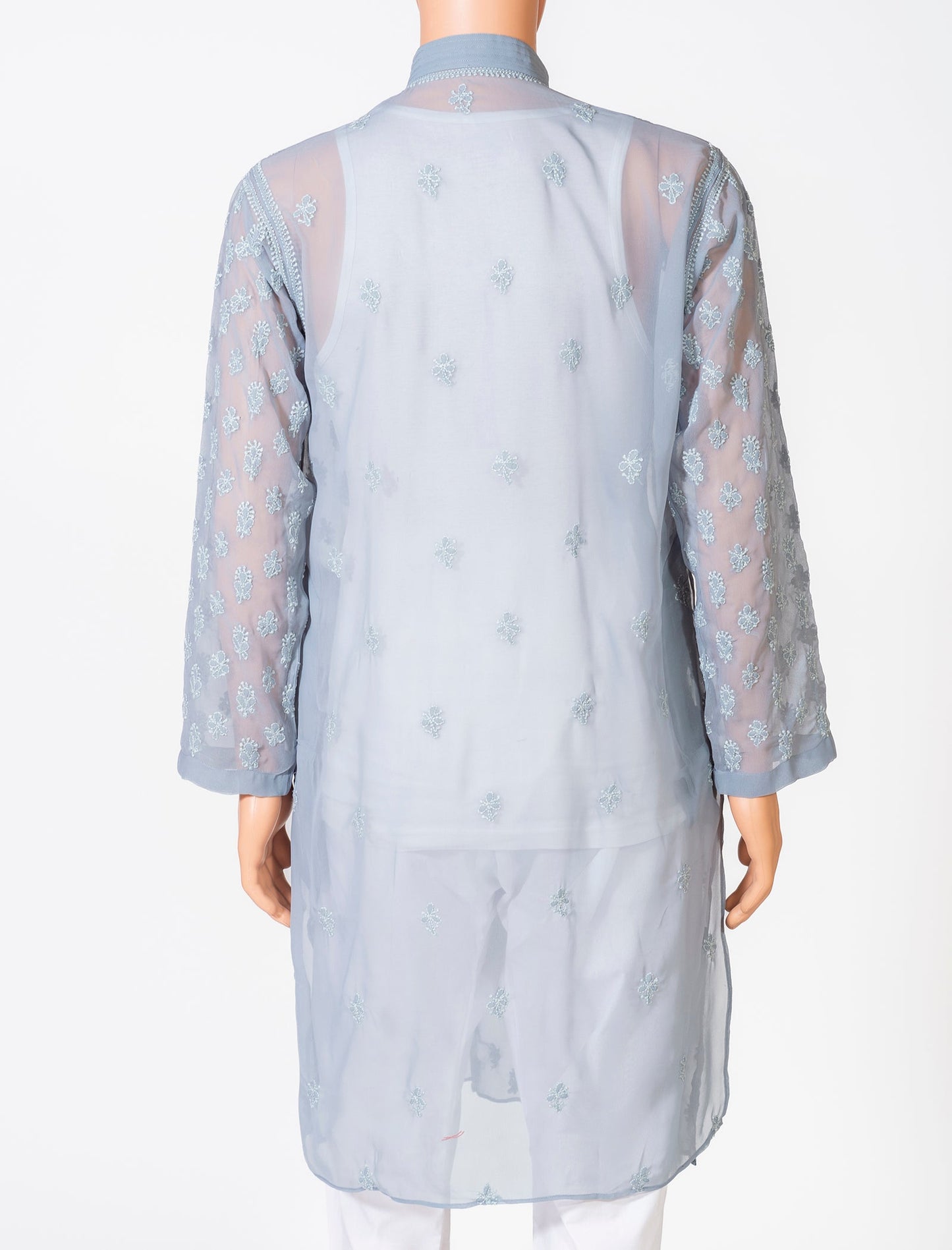Lucknow Chikan Emporium Georgette Grey Colour Gents Kurta With Self Stripes And Fancy Hand Chikankari On Neck.