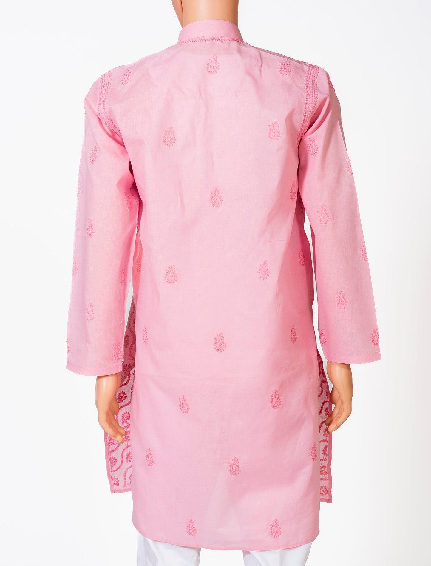 Lucknow Chikan Emporium Cotton Pink Colour Gents Kurta With Self Stripes And Fancy Hand Chikankari On Neck.