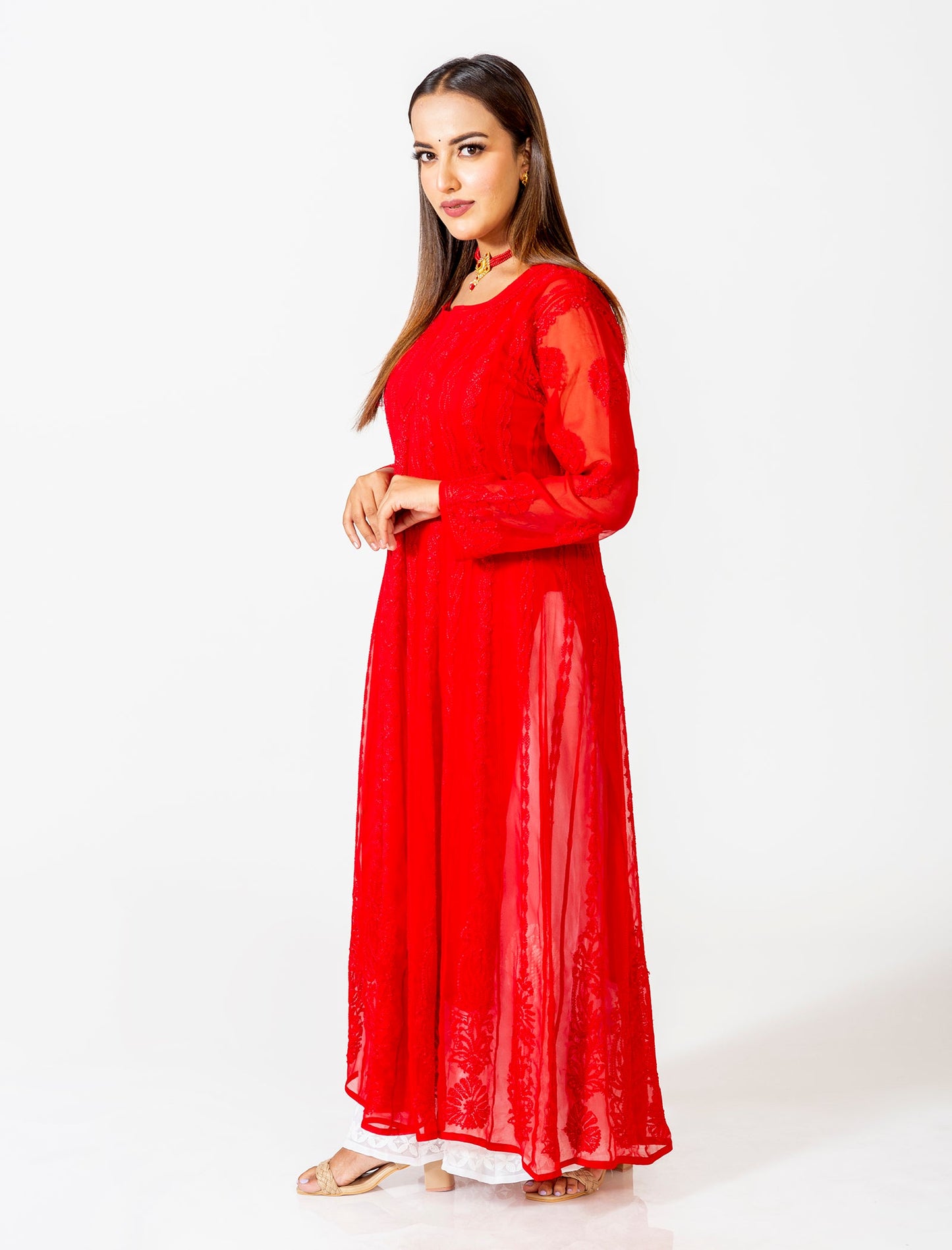 Lucknow Chikan Emporium Hand Embroided Skin Friendly Semi Georgette Chikankari Anarkali Kurti Red.