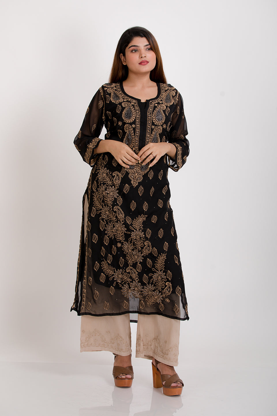 Lucknow Chikan Emporium Hand Skin Friendly Semi Georgette Amulet Neck (Black Color)