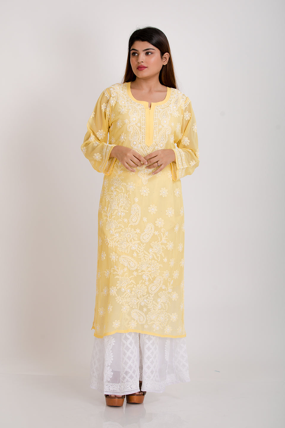Lucknow Chikan Emporium Hand Semi Georgette (Yellow)