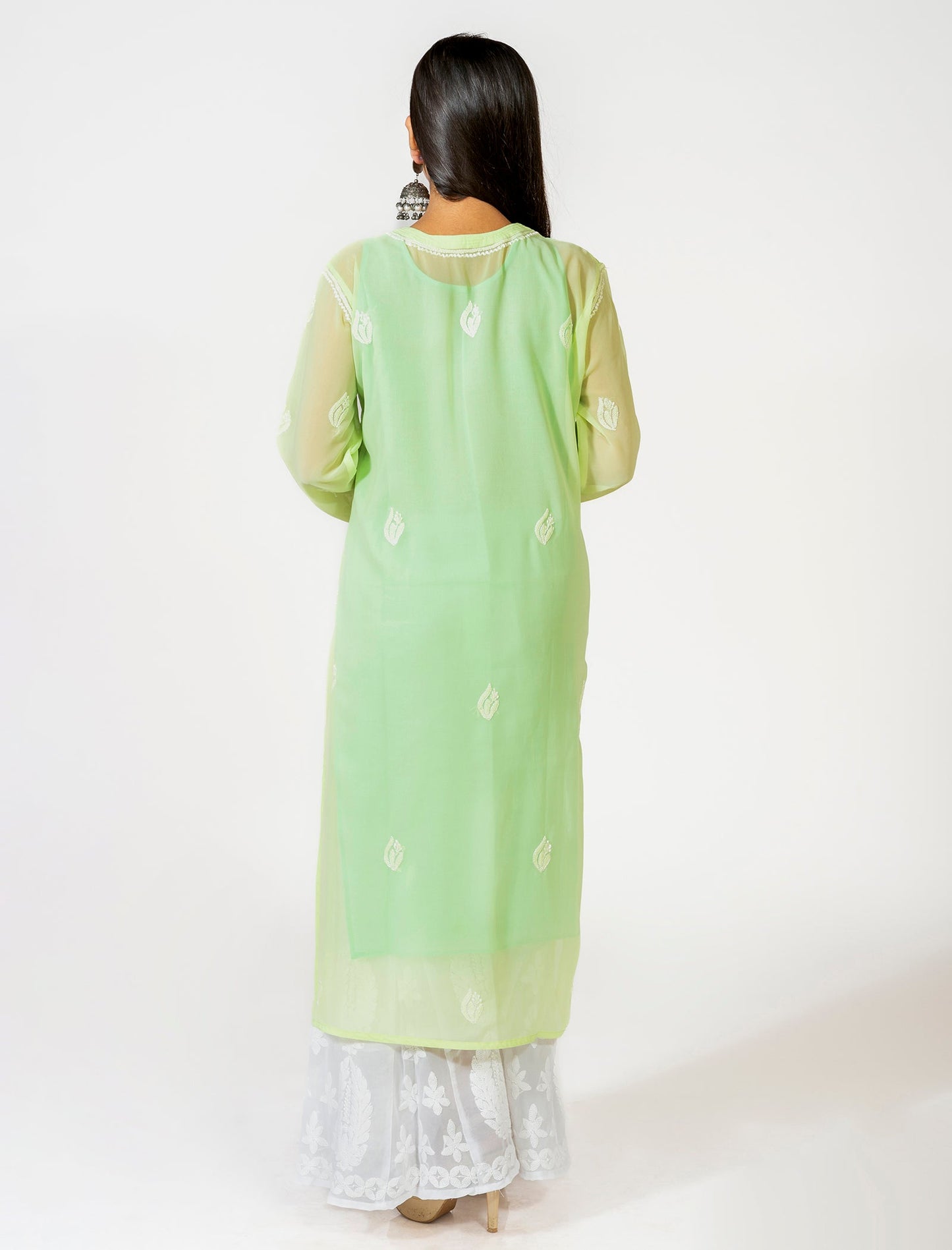 Lucknow Chikan Emporium Hand Embroided Skin Friendly Semi Georgette Chikankari Kurti Light Green.