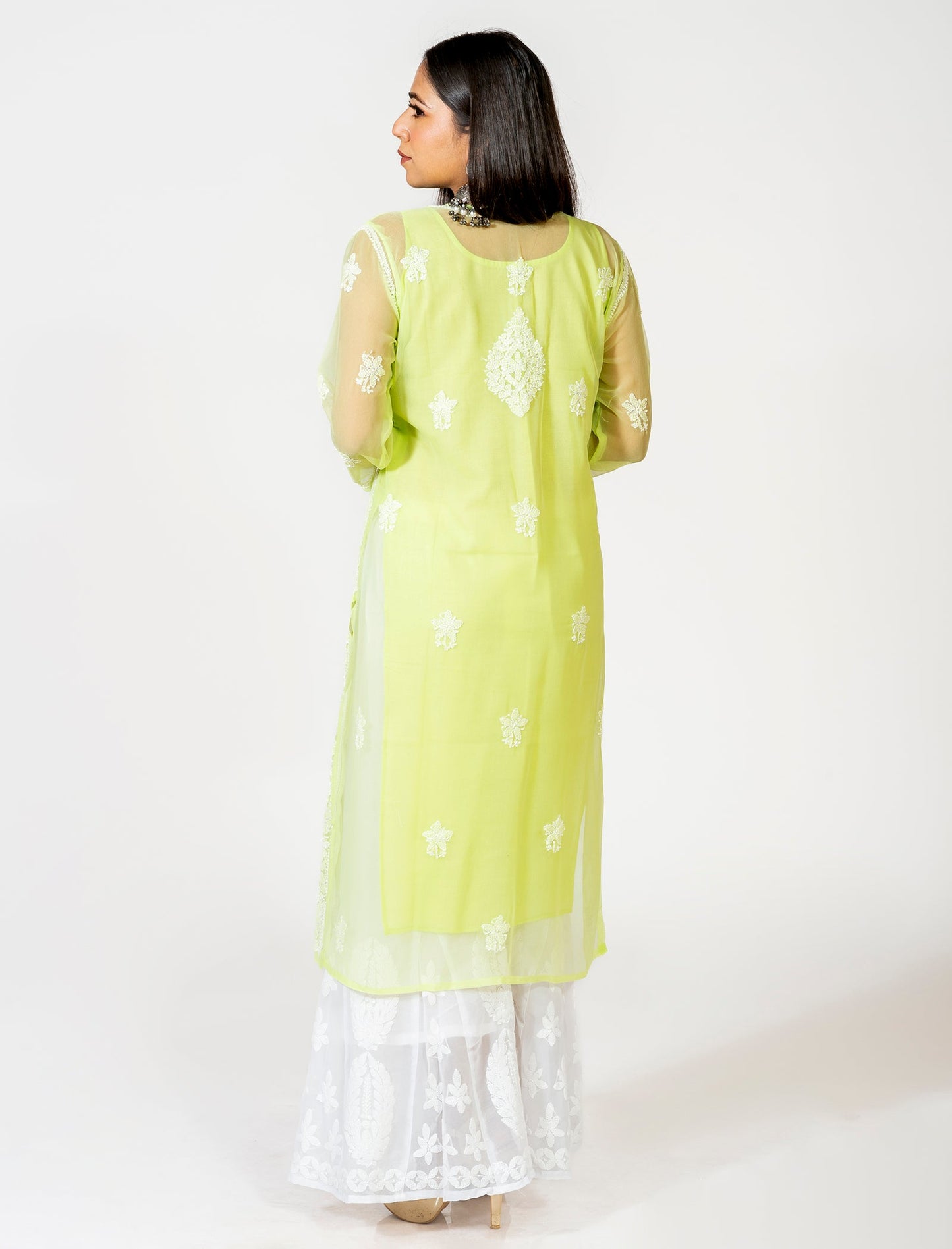 Lucknow Chikan Emporium Hand Embroided Skin Friendly Semi Georgette Chikankari Kurti Lemon Yellow.