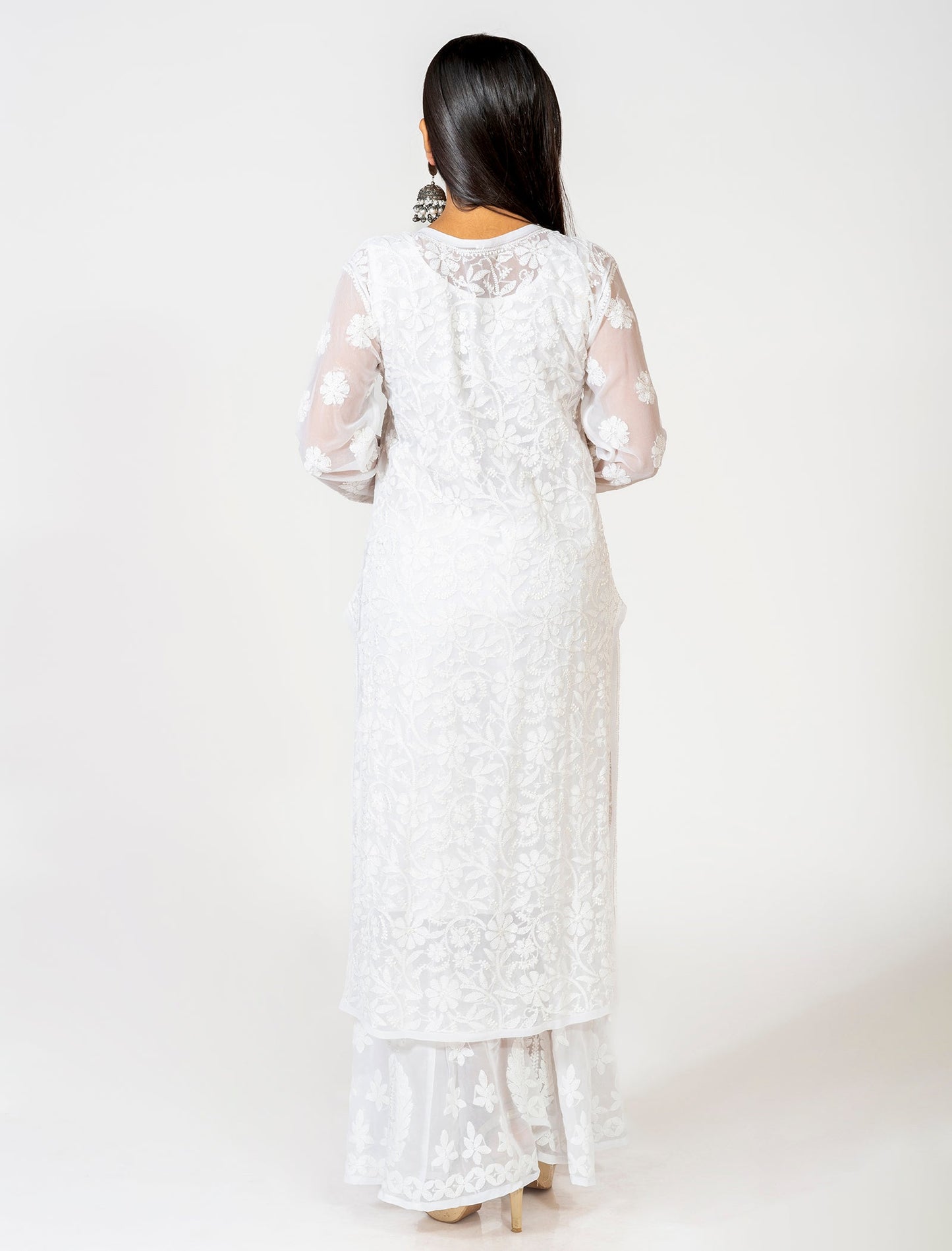 Lucknow Chikan Emporium Hand Embroided Skin Friendly Semi Georgette Chikankari Kurti White.