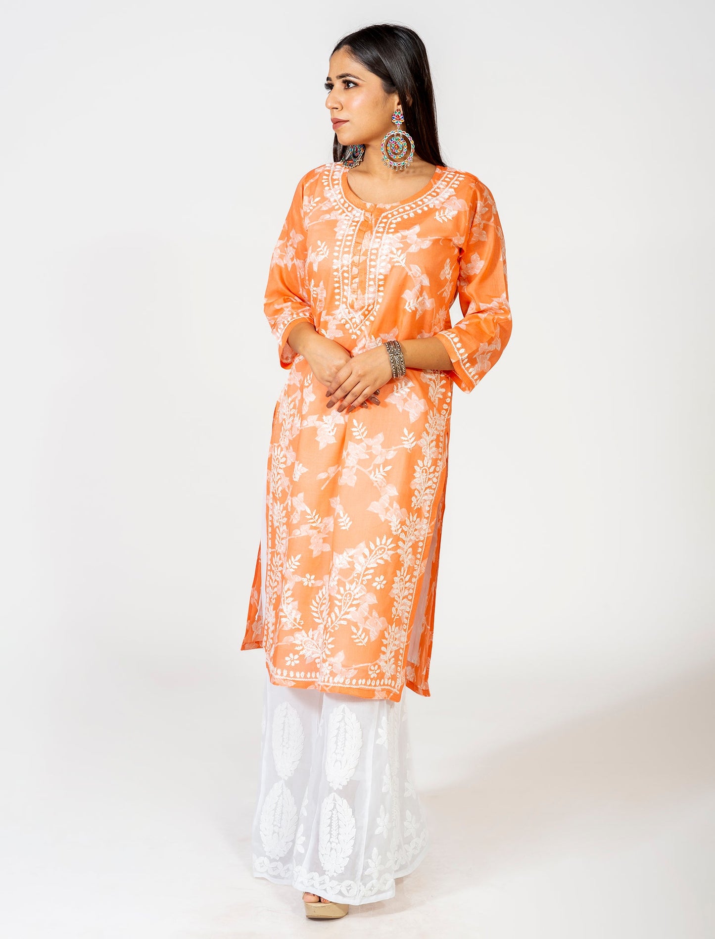 Lucknow Chikan Emporium Hand Embroided Skin Friendly Cotton Chikankari Orange Kurti.