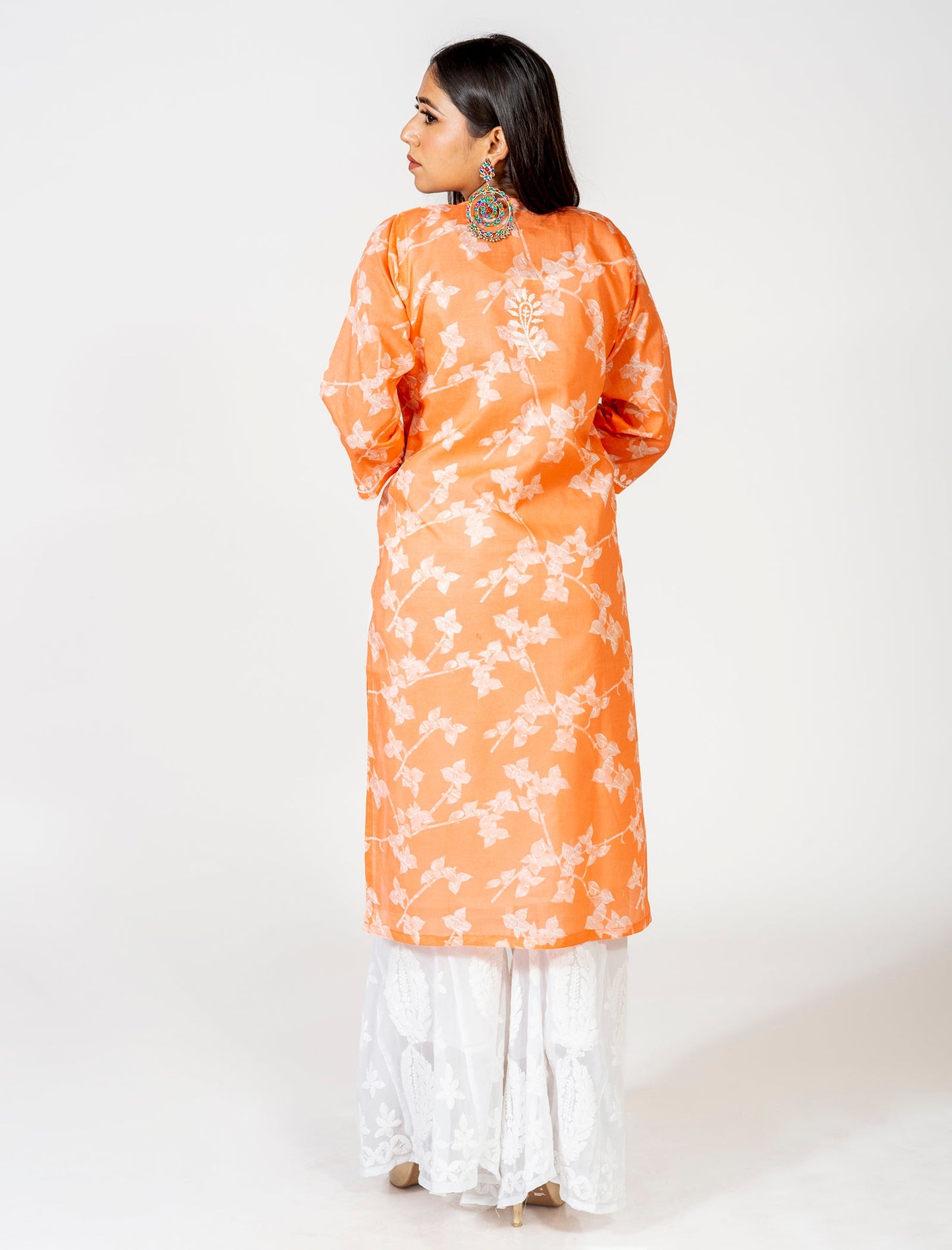 Lucknow Chikan Emporium Hand Embroided Skin Friendly Cotton Chikankari Orange Kurti.