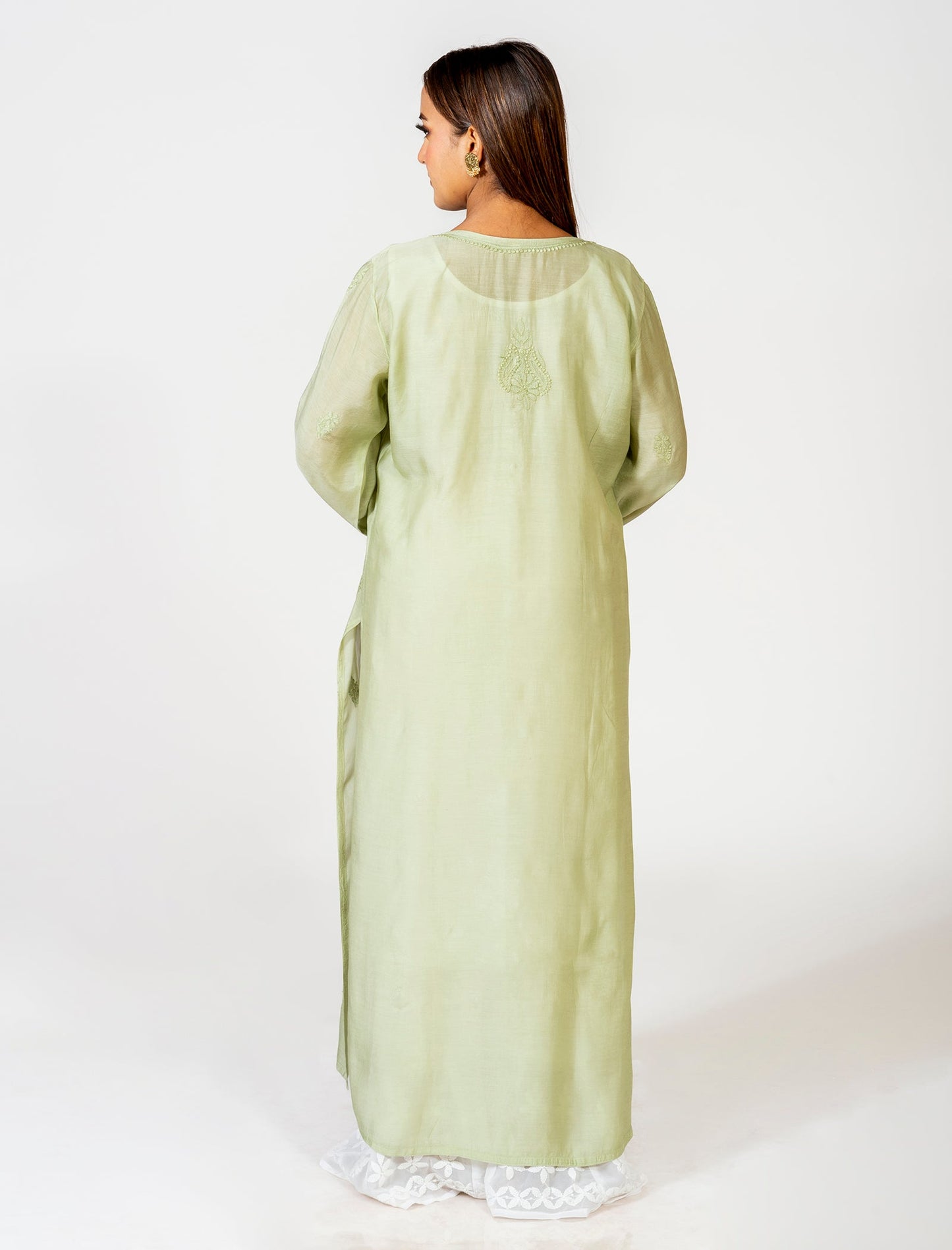Lucknow Chikan Emporium Hand Embroided Skin Friendly Keel/Kangan Masleen Shado Chikankari Kurti Dark Green.
