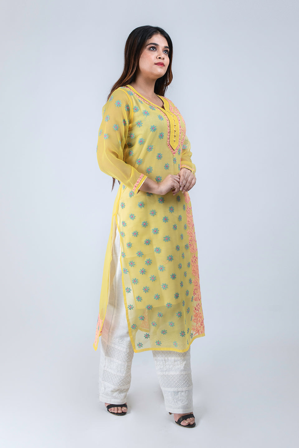 Lucknow Chikan Emporium Hand Chikankari Semi Georgette Kurti (Bright Yellow Color)
