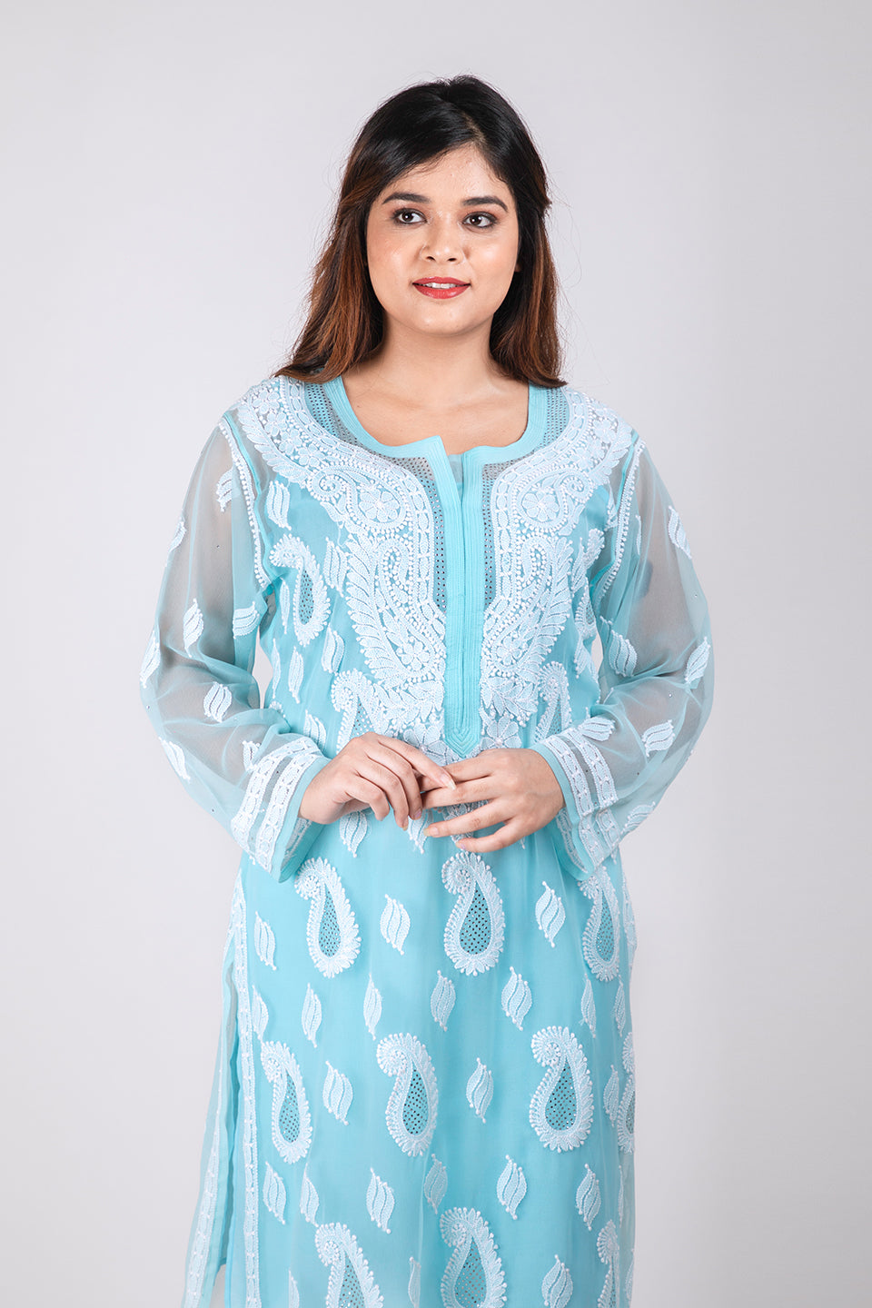 Lucknow Chikan Emporium Hand Chikankari Lucknowi Semi Georgette Kurti (Light blue Color)