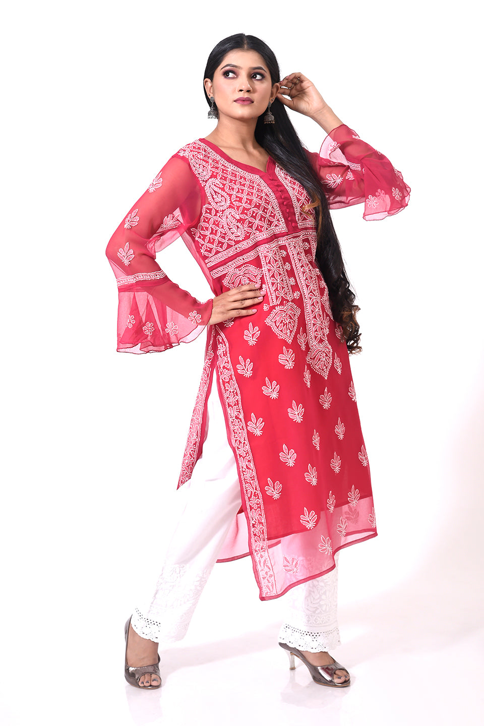 Lucknow Chikan Emporium Hand Chikankari Semi Georgette nice magenta women Kurti