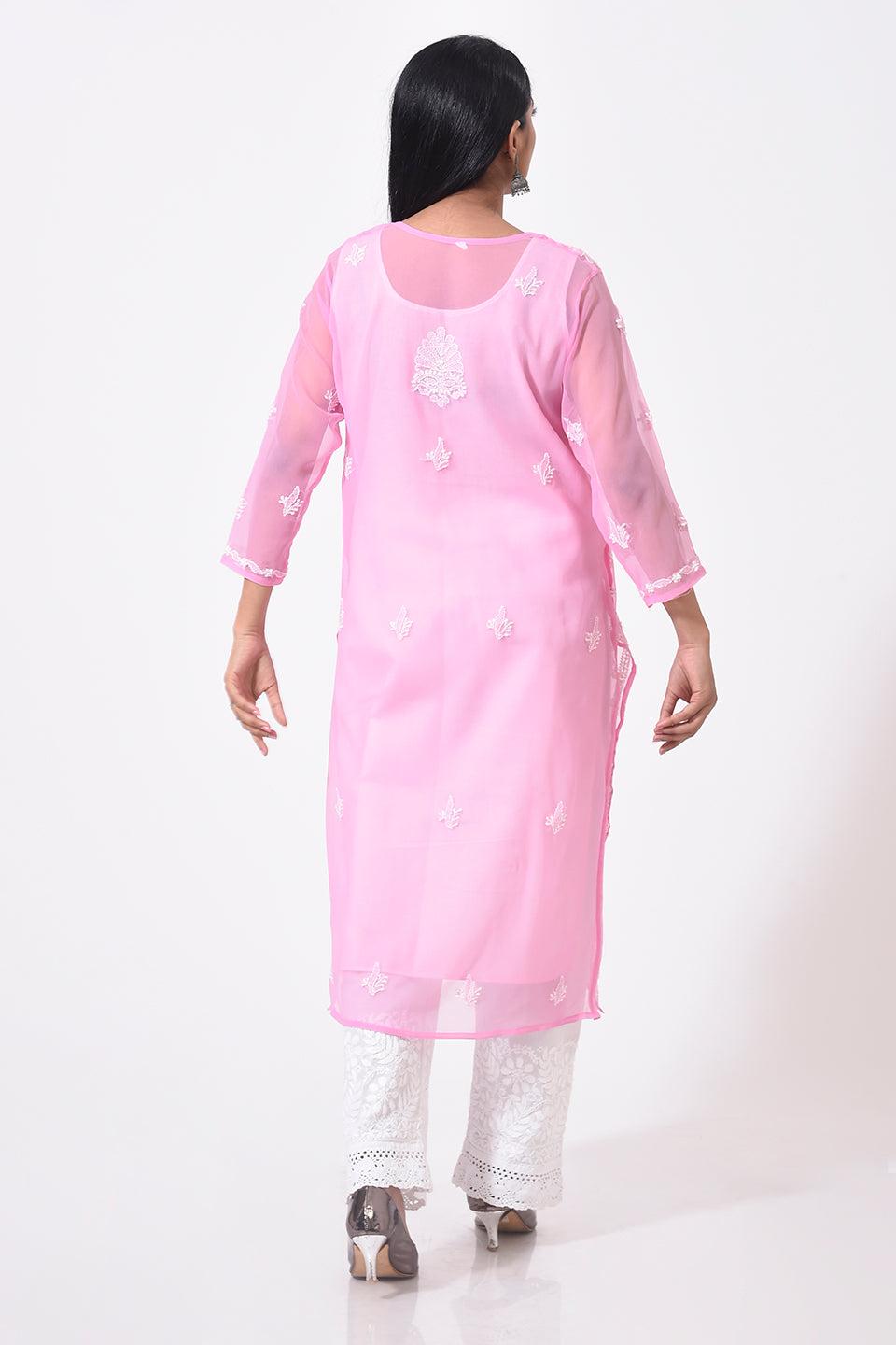Nice light pink women Kurti Hand Chikankari Semi Georgette Lucknow Chikan Emporium.