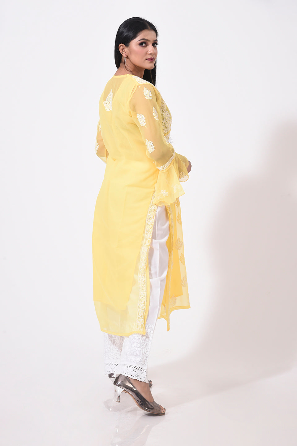 Nice yellow women Kurti Hand Chikankari Semi Georgette Lucknow Chikan Emporium.