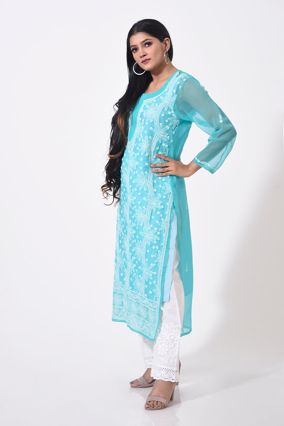 Nice dark sea green women Kurti Hand Chikankari Semi Georgette Lucknow Chikan Emporium.