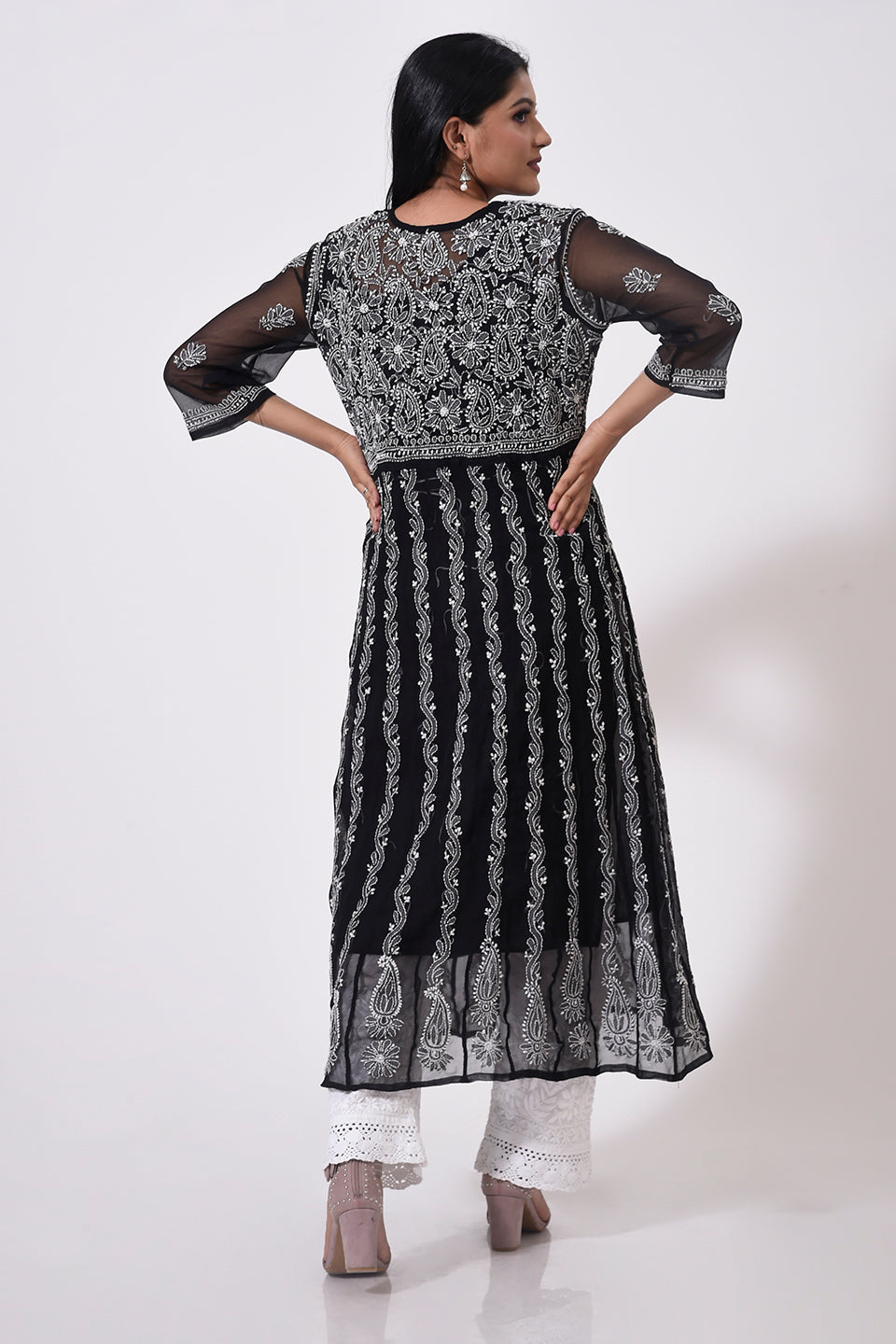 Lucknow Chikan Emporium Hand Chikankari skin friendly Semi Georgette Black Anarkali Kurti