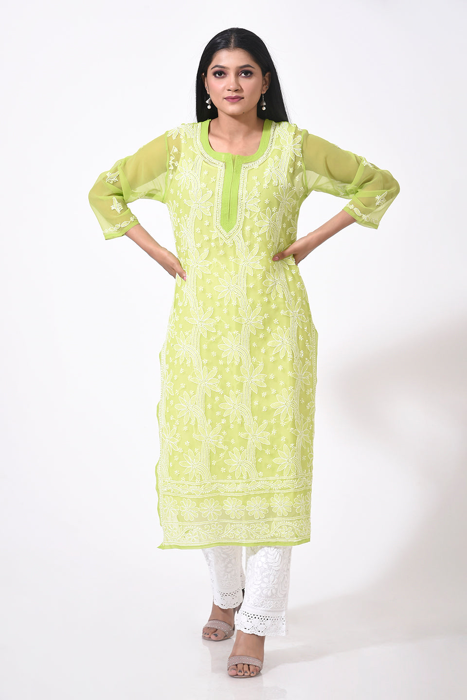 Nice leaf green women Kurti Hand Chikankari Semi Georgette Lucknow Chikan Emporium.
