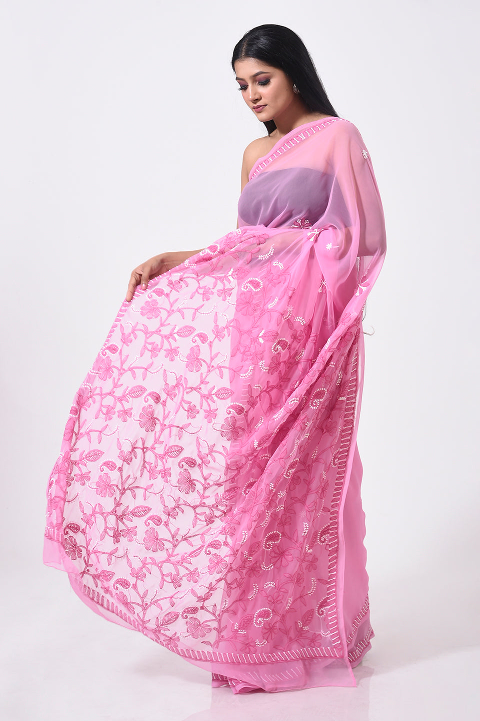 Lucknow Chikan Emporium Hand Chikankarsemi georgette onion pink colour saree With same Colour Blouse piece included.