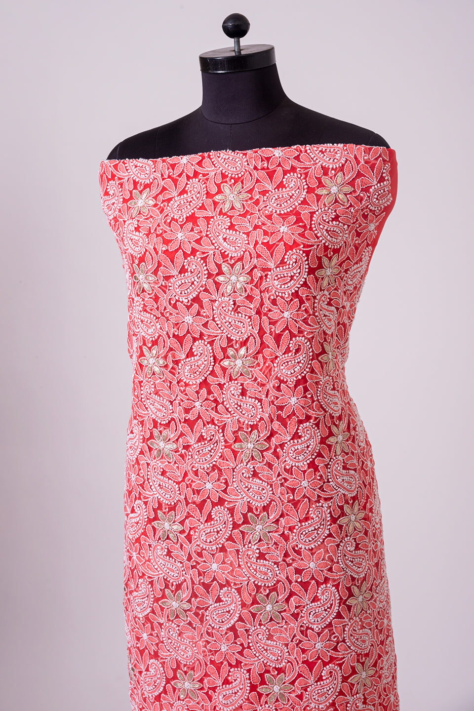 Lucknowi Chikankari carrot red semi georgette Unstiched suit material
