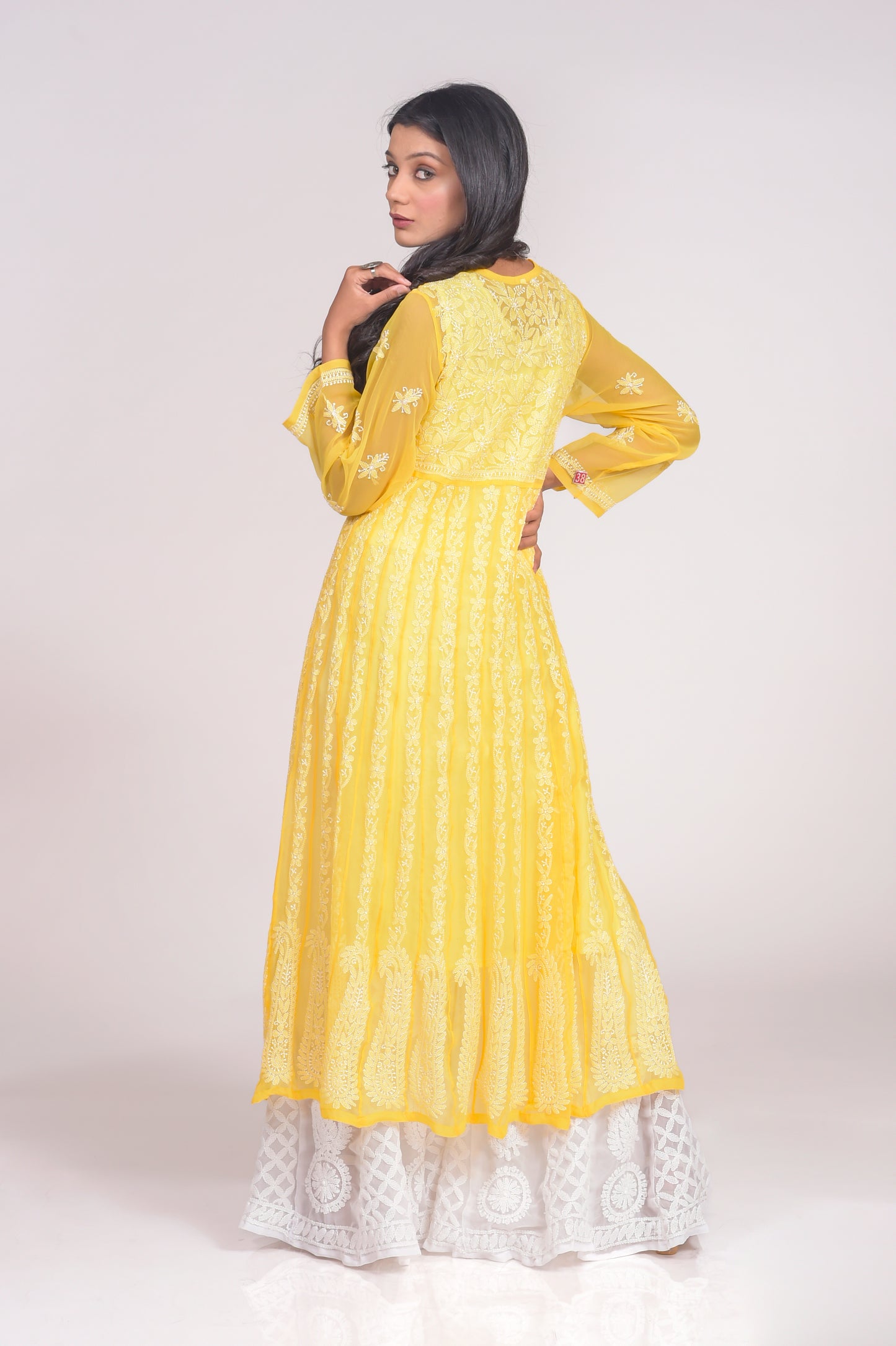 Semi Georgette Nice Yellow Anarkali Kurti Hand Chikankari Lucknow Chikan Emporium.