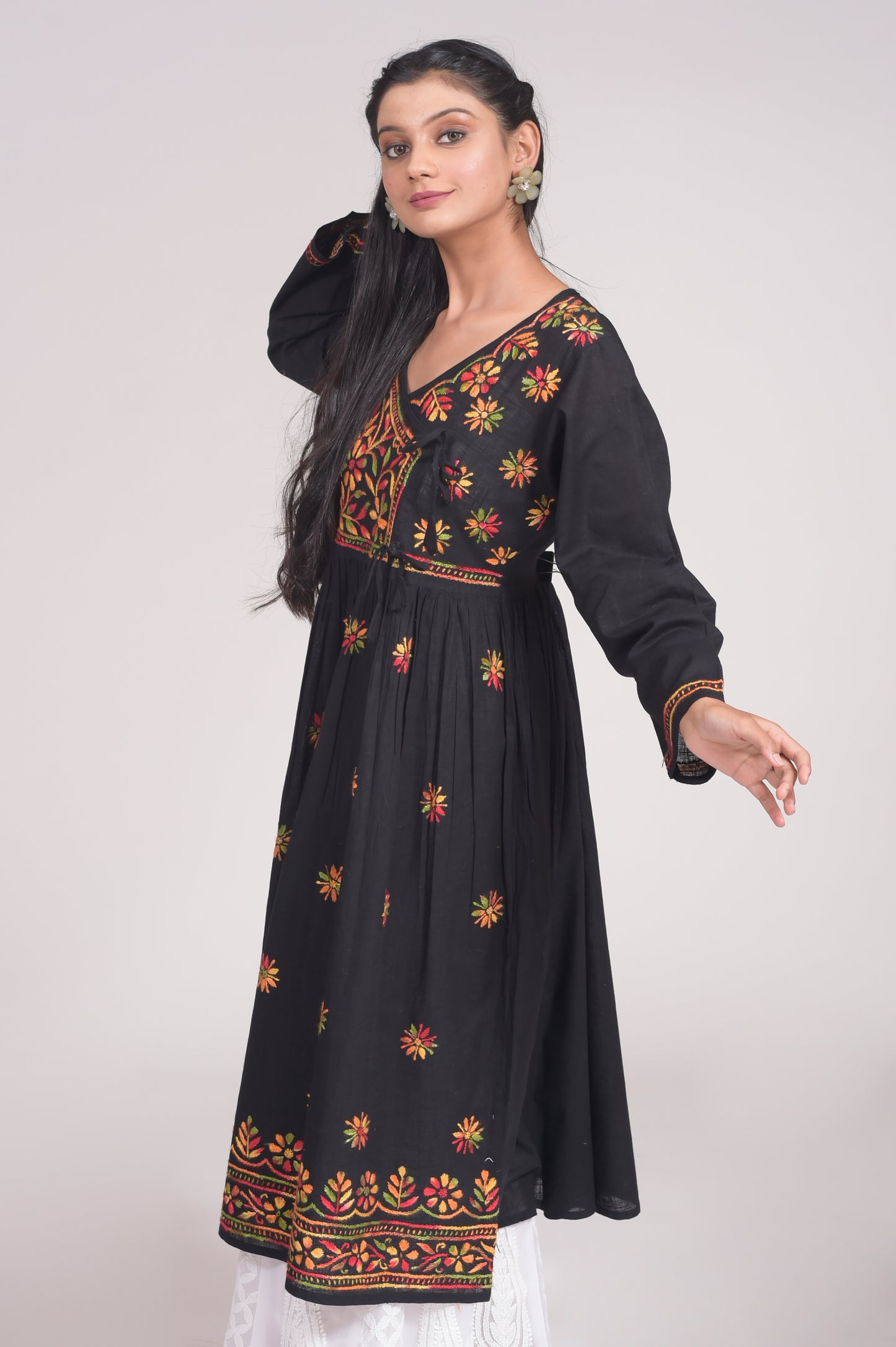 Slub Cotton Chikankari Black Hand Embroided Angarkha Kurti Lucknow Chikan Emporium.