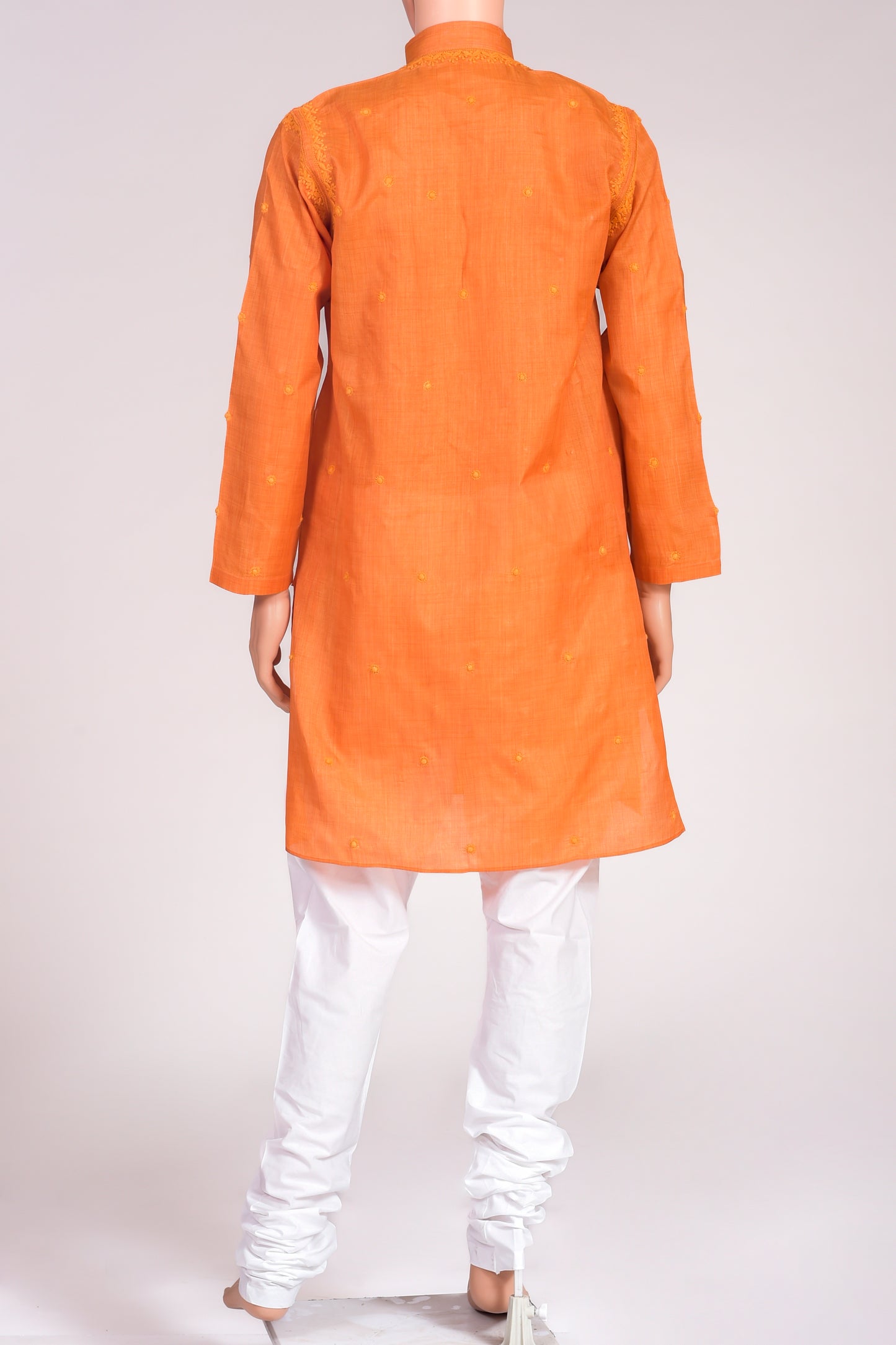 Soft Cotton Silk Orange Gents Kurta Hand Embroided Chikankari Lucknow Chikan Emporium