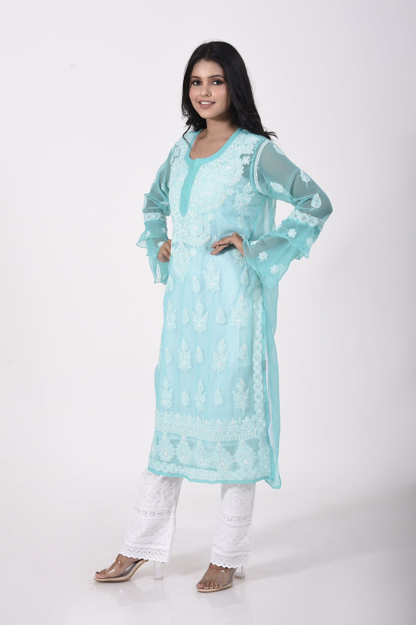 Sea green Hand embroided skin friendly semi georgette Chikankari Kurti Lucknow Chikan Emporium.