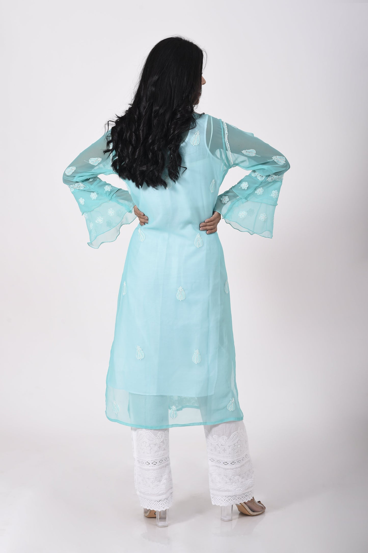 Sea green Hand embroided skin friendly semi georgette Chikankari Kurti Lucknow Chikan Emporium.