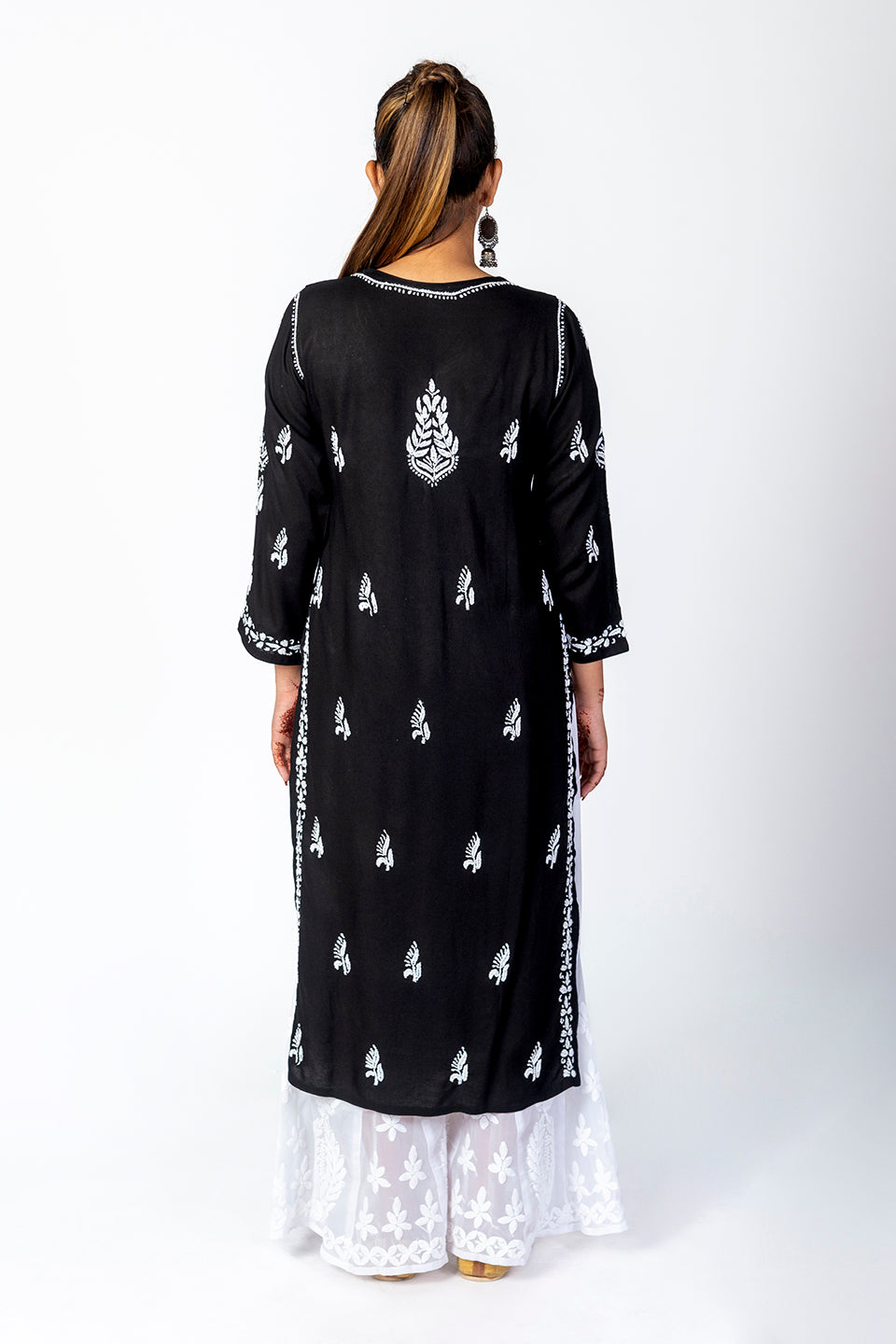 Super Soft Fine Rayon Chikankari Kurti Black Colour Lucknow Chikan Emporium.
