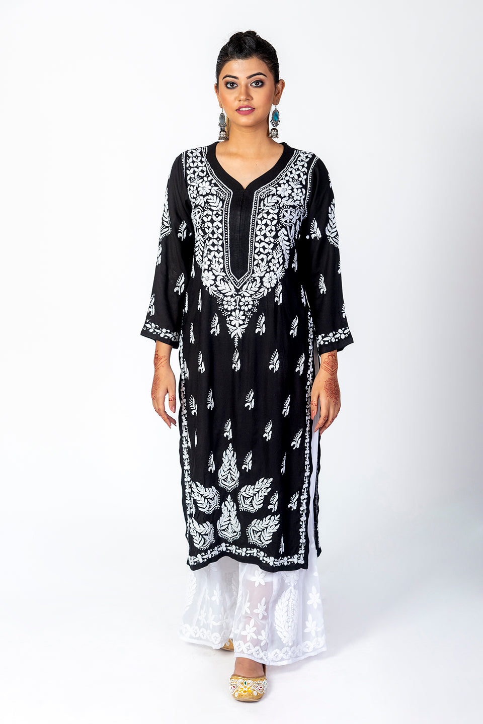 Super Soft Fine Rayon Chikankari Kurti Black Colour Lucknow Chikan Emporium.