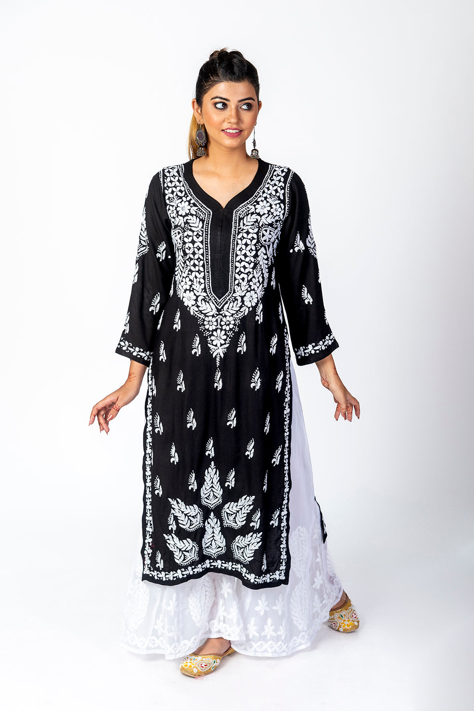 Super Soft Fine Rayon Chikankari Kurti Black Colour Lucknow Chikan Emporium.